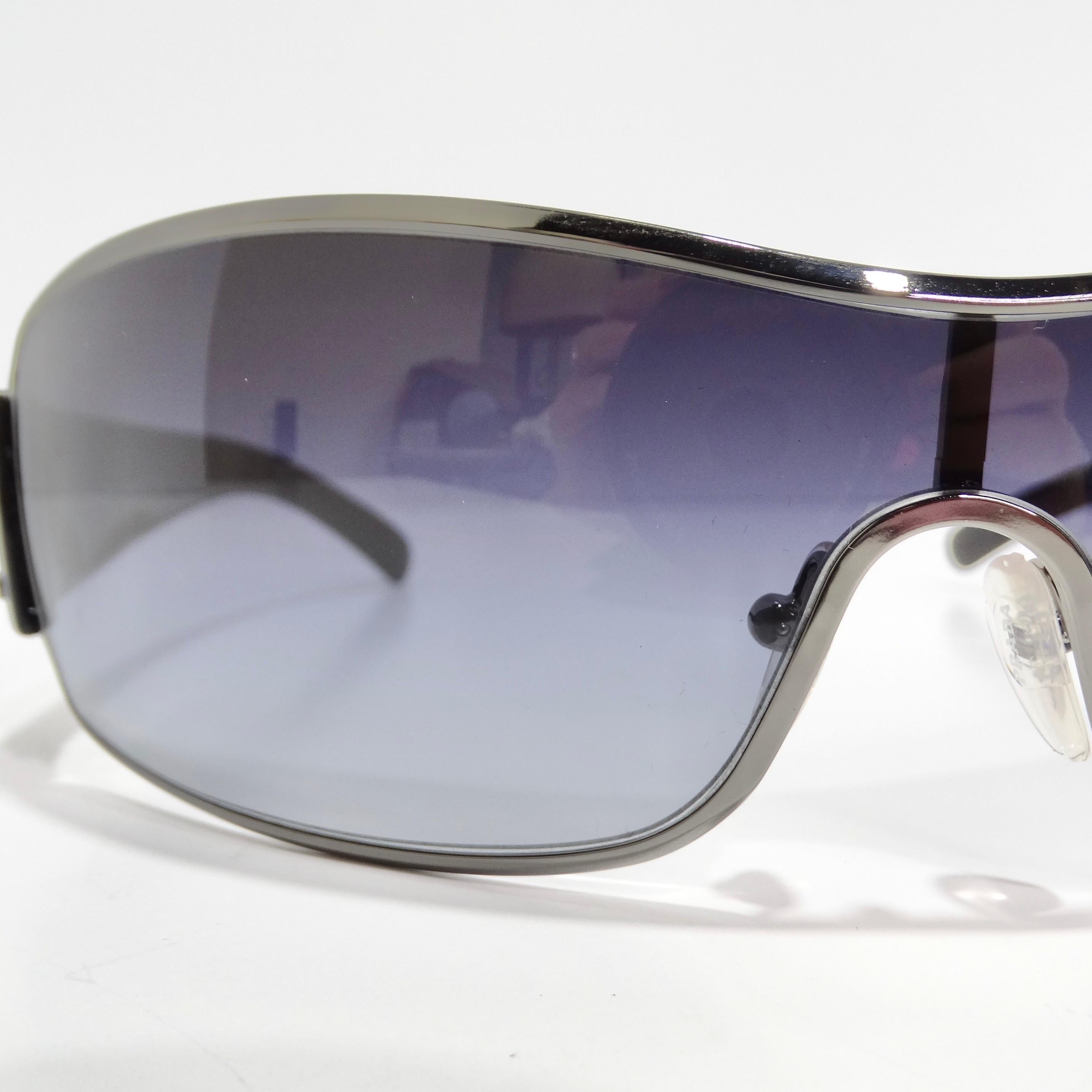 Prada 1990s Silver Tone Shield Sunglasses In New Condition For Sale In Scottsdale, AZ