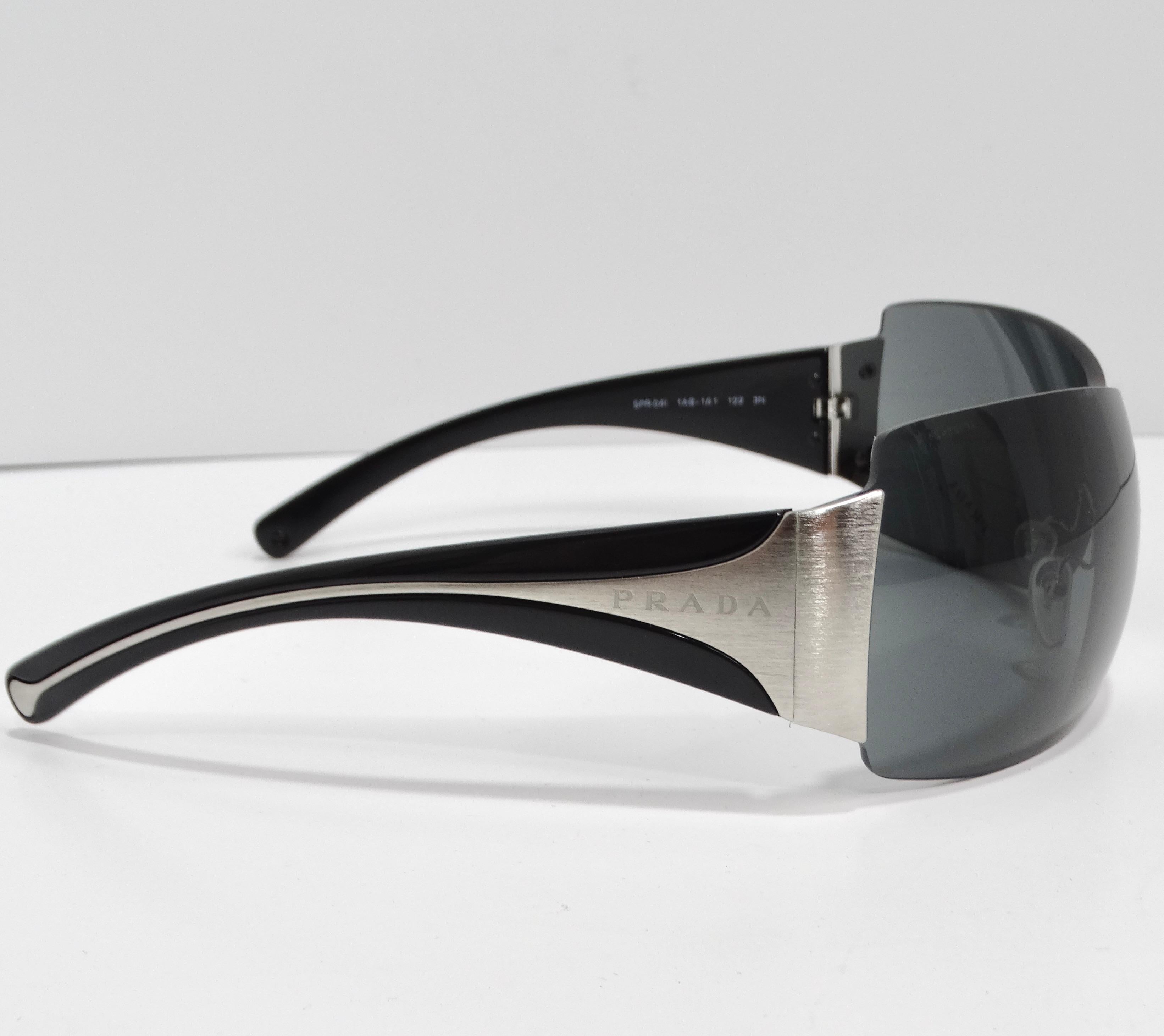 Prada 1990s Silver Tone Shield Sunglasses In New Condition For Sale In Scottsdale, AZ