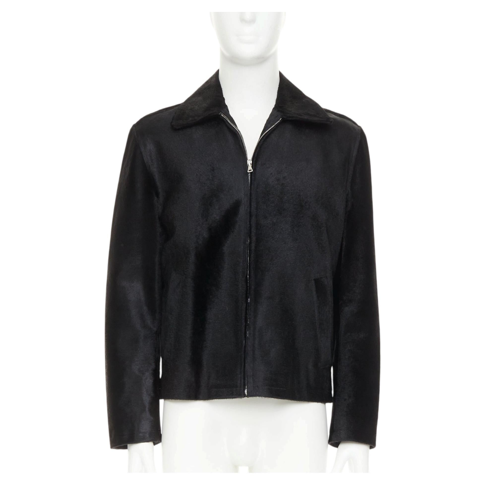 PRADA 1990s Vintage horsehair leather pocketed zip up boxy minimal jacket IT48 M