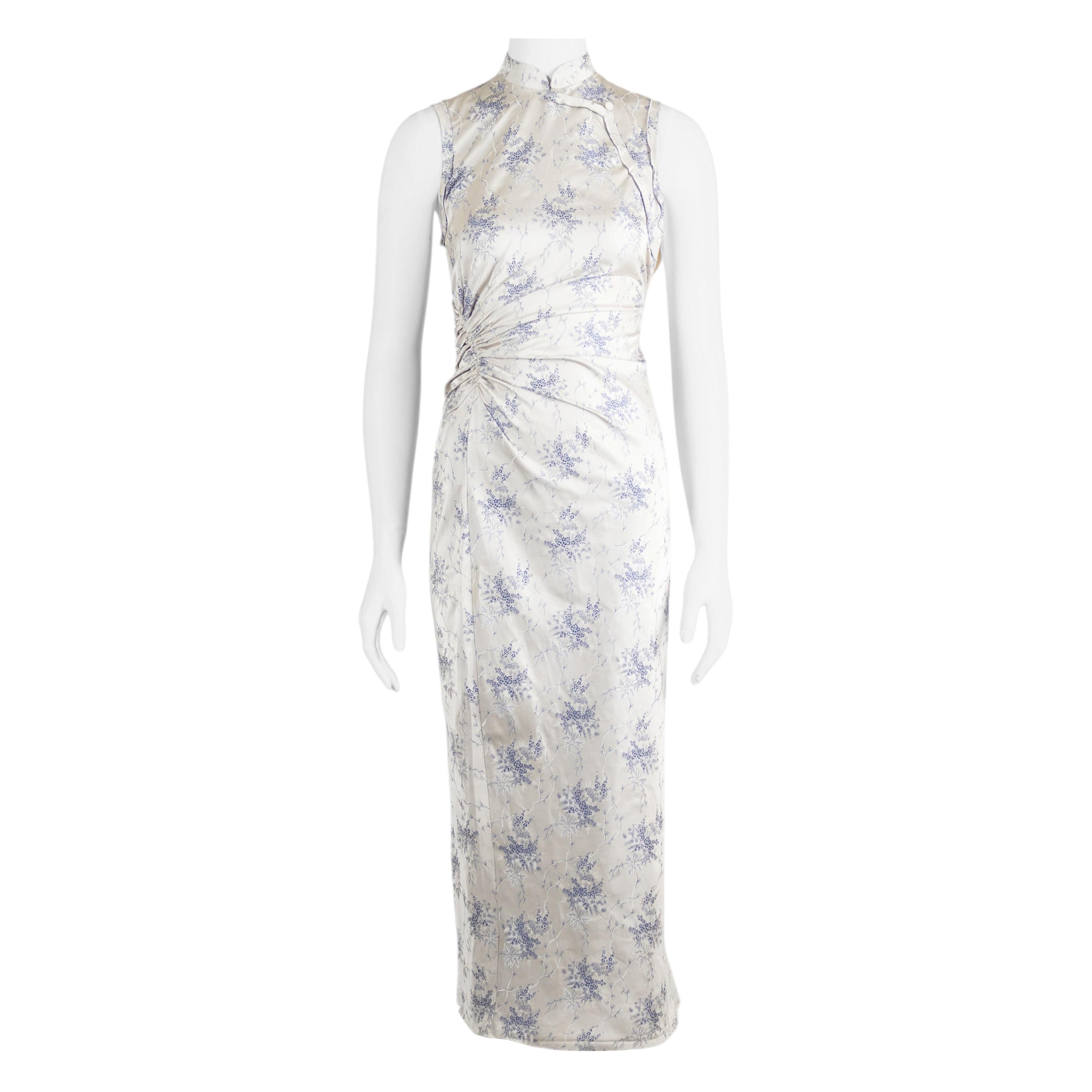 Pre-owned Prada 1997 Cheongsam Silk Brocade Evening Dress Miuccia  Floral Print In Gray