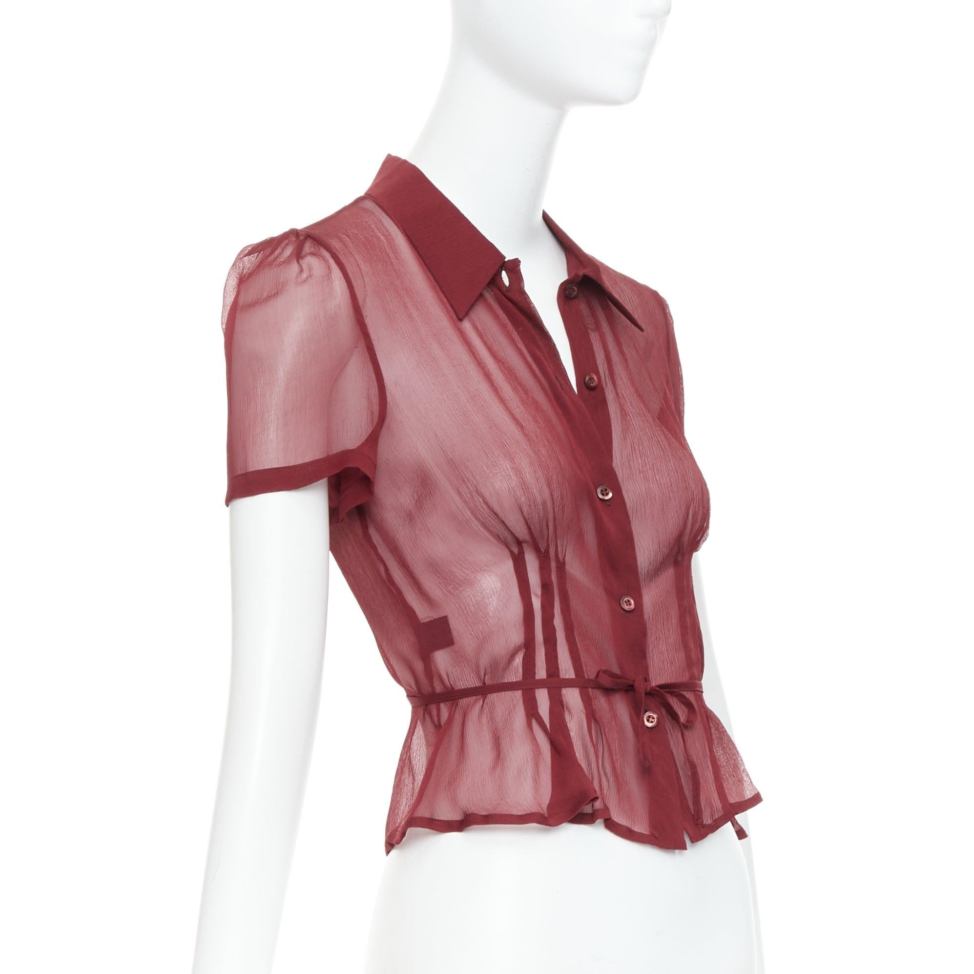 Pink PRADA 1997 Vintage Runway burgundy silk sheer tie belt blouse top IT40 S