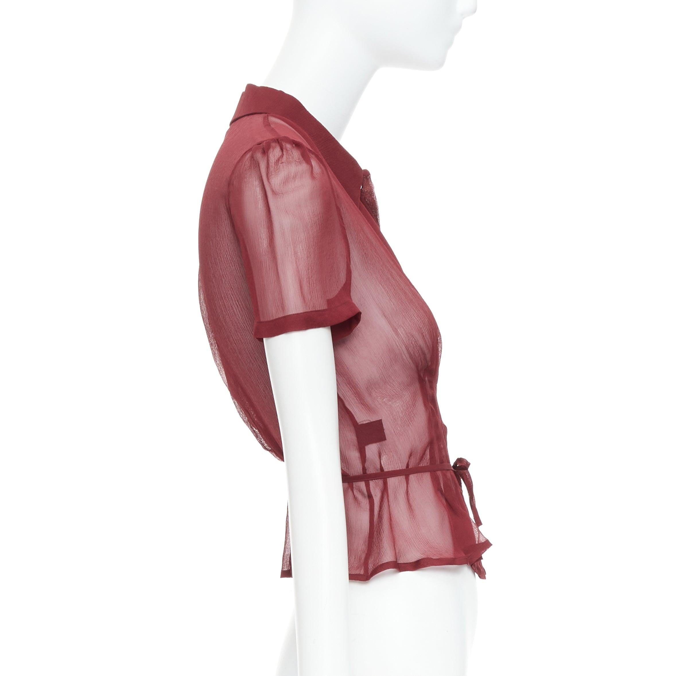 PRADA 1997 Vintage Runway burgundy silk sheer tie belt blouse top IT40 S In Excellent Condition In Hong Kong, NT