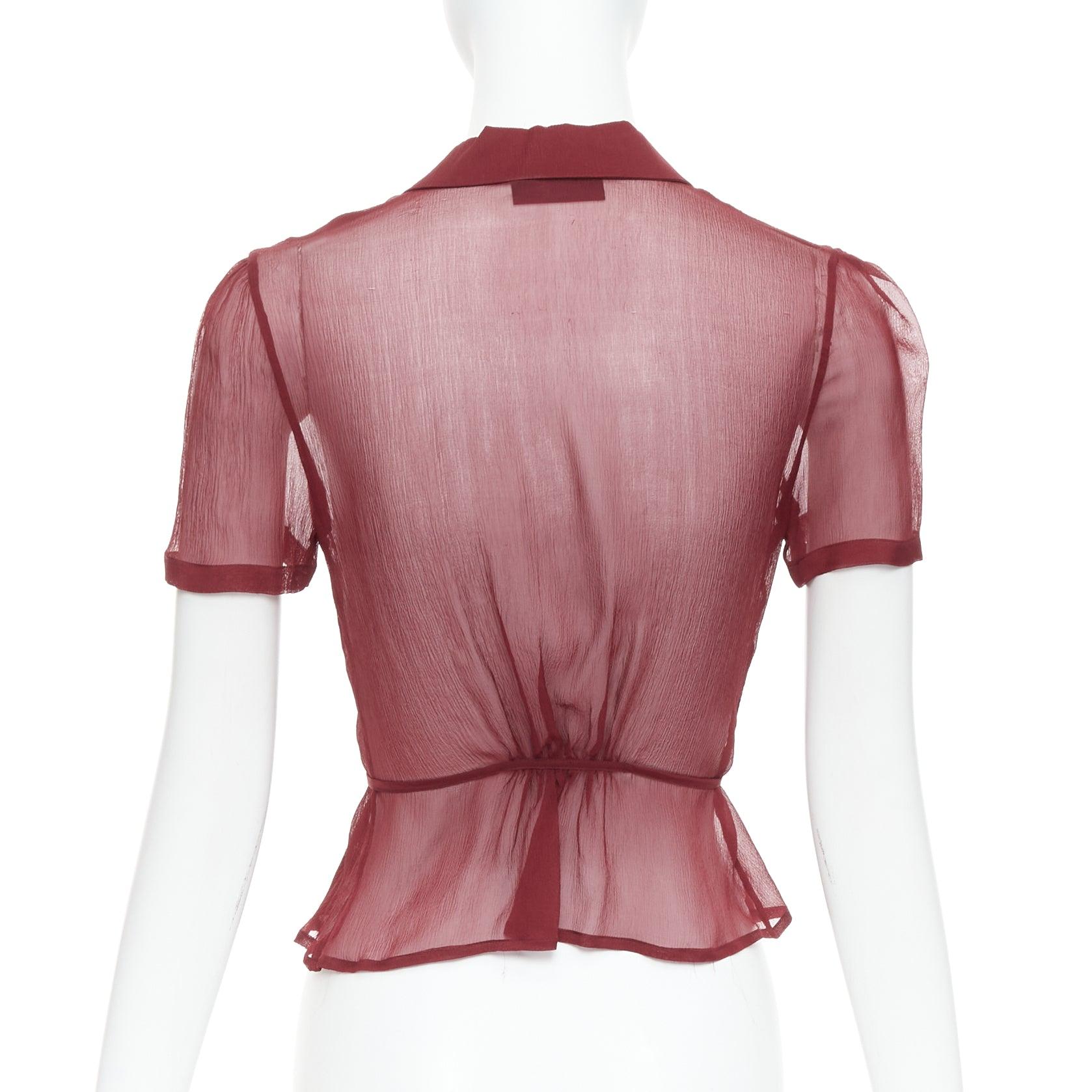 Women's PRADA 1997 Vintage Runway burgundy silk sheer tie belt blouse top IT40 S
