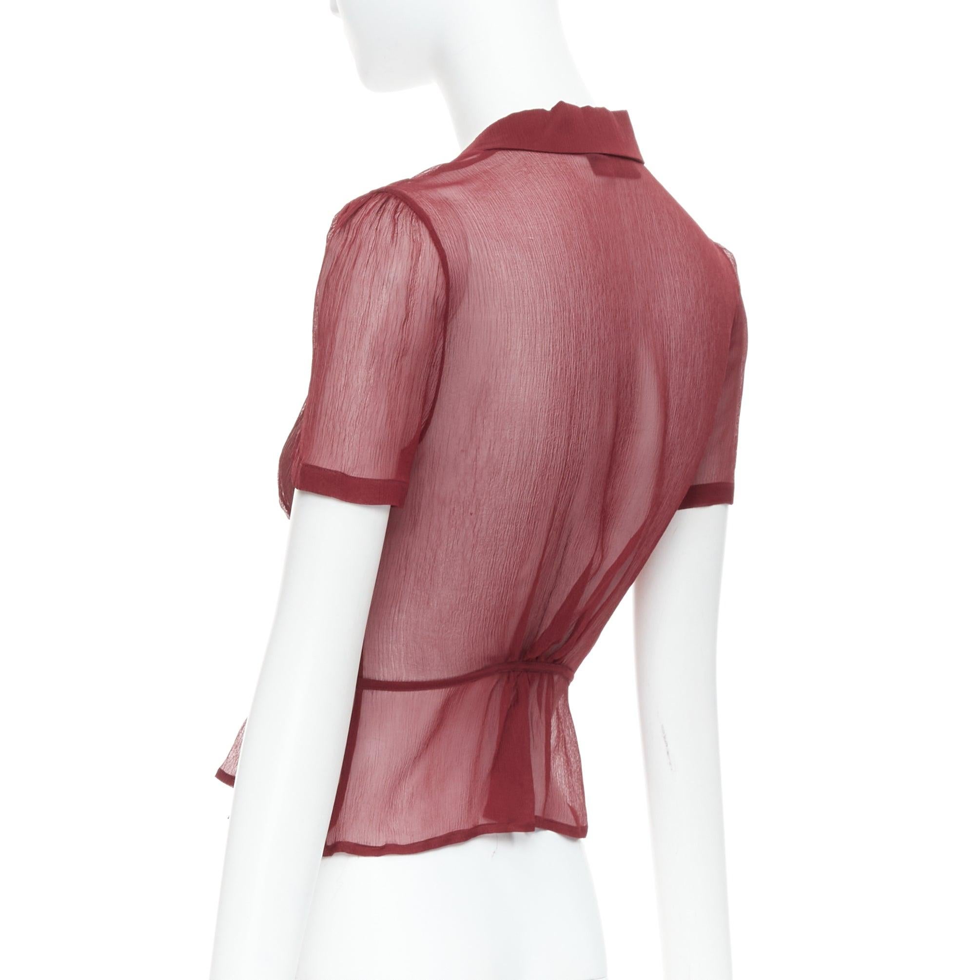 PRADA 1997 Vintage Runway burgundy silk sheer tie belt blouse top IT40 S 1