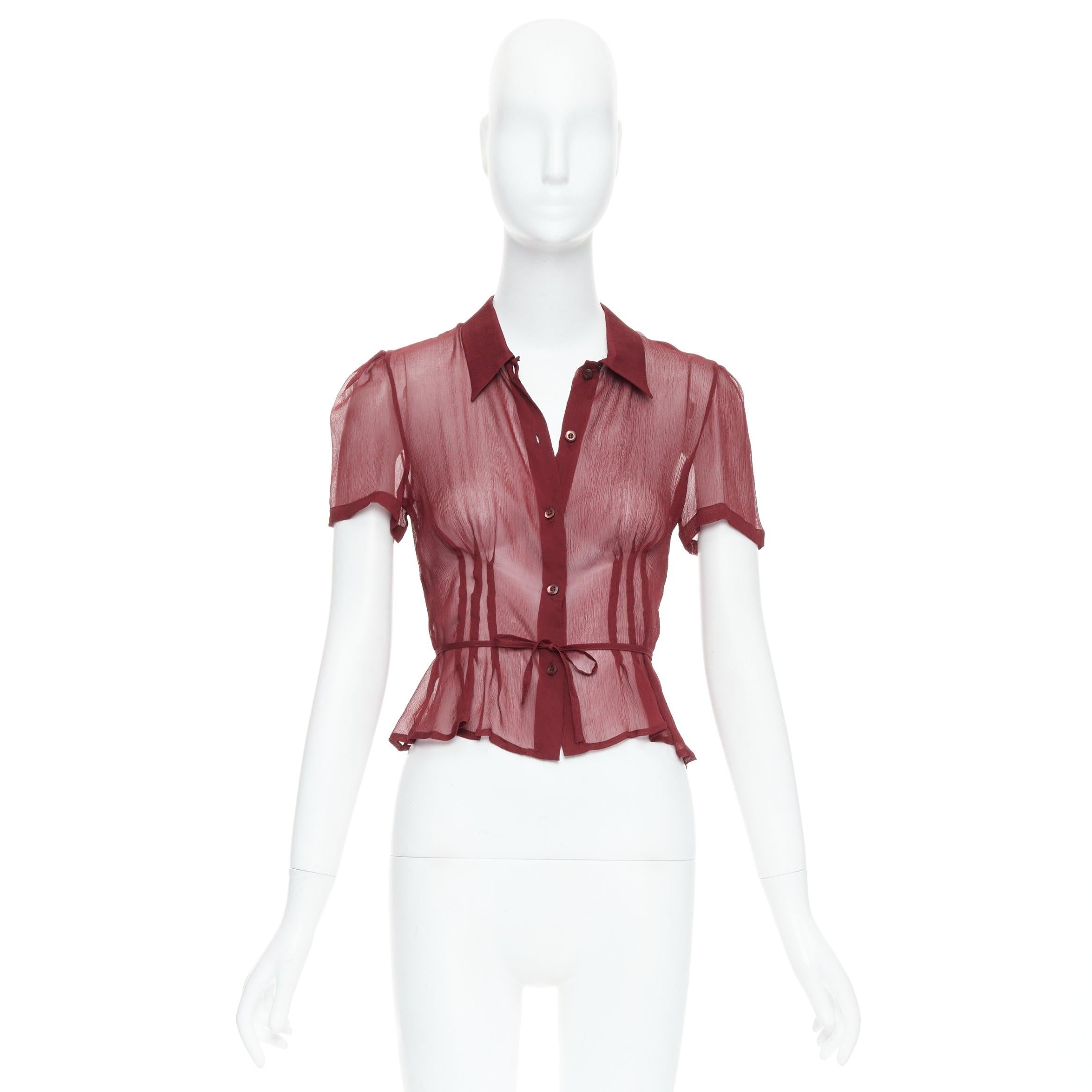 PRADA 1997 Vintage Runway burgundy silk sheer tie belt blouse top IT40 S 4
