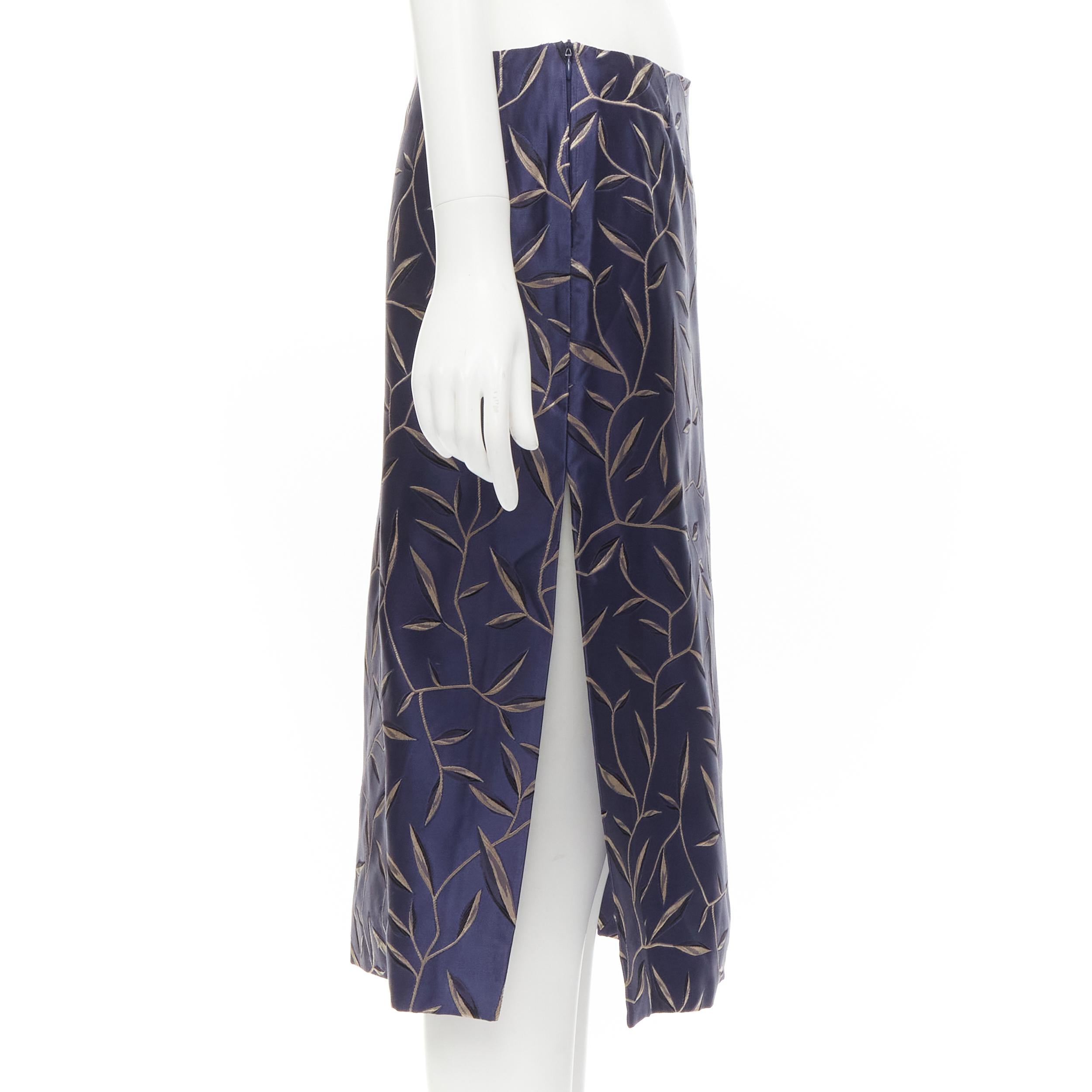Black PRADA 1997 Vintage silk blue Chinoiserie leaf jacquard high slit skirt IT40 S