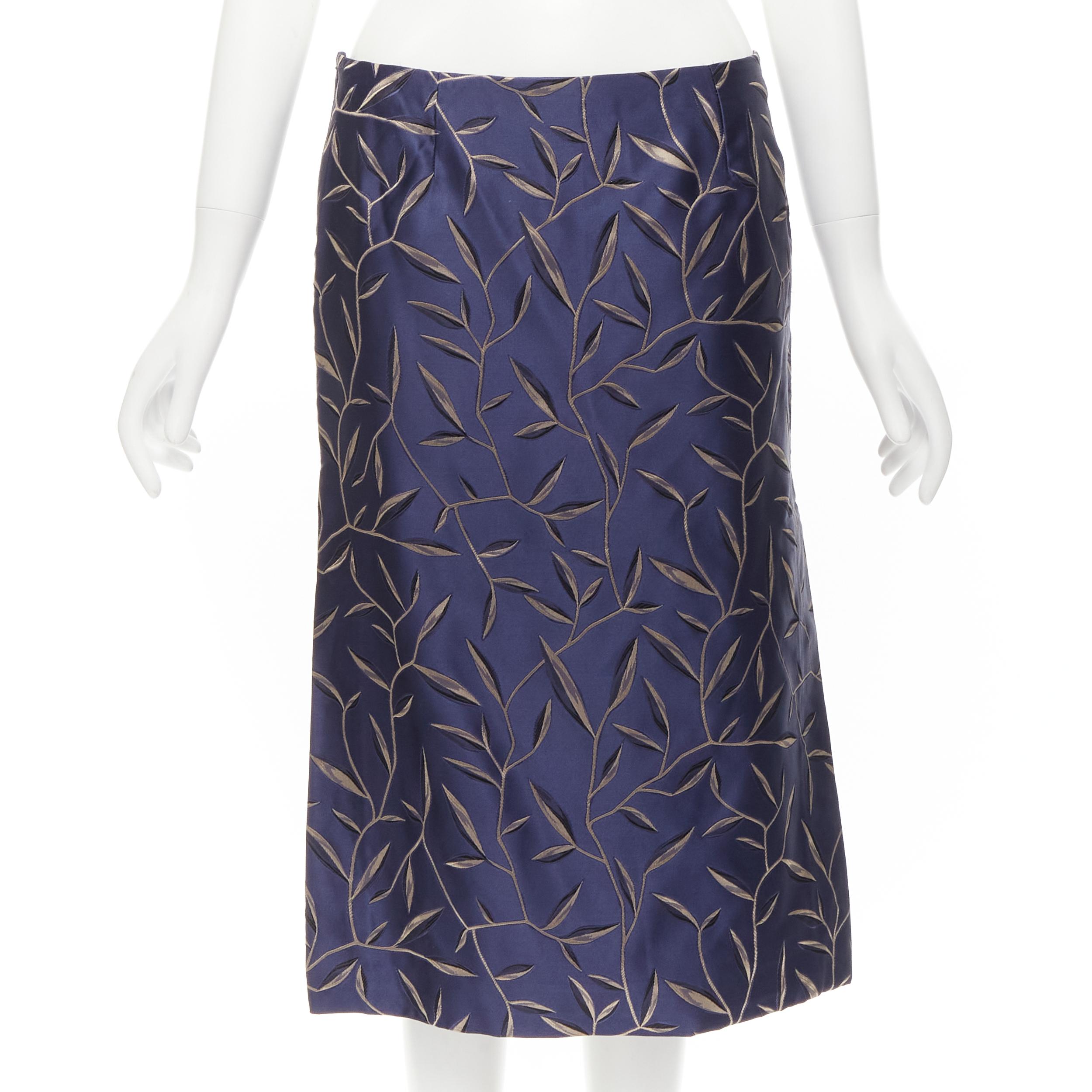 PRADA 1997 Vintage silk blue Chinoiserie leaf jacquard high slit skirt IT40 S In Good Condition In Hong Kong, NT