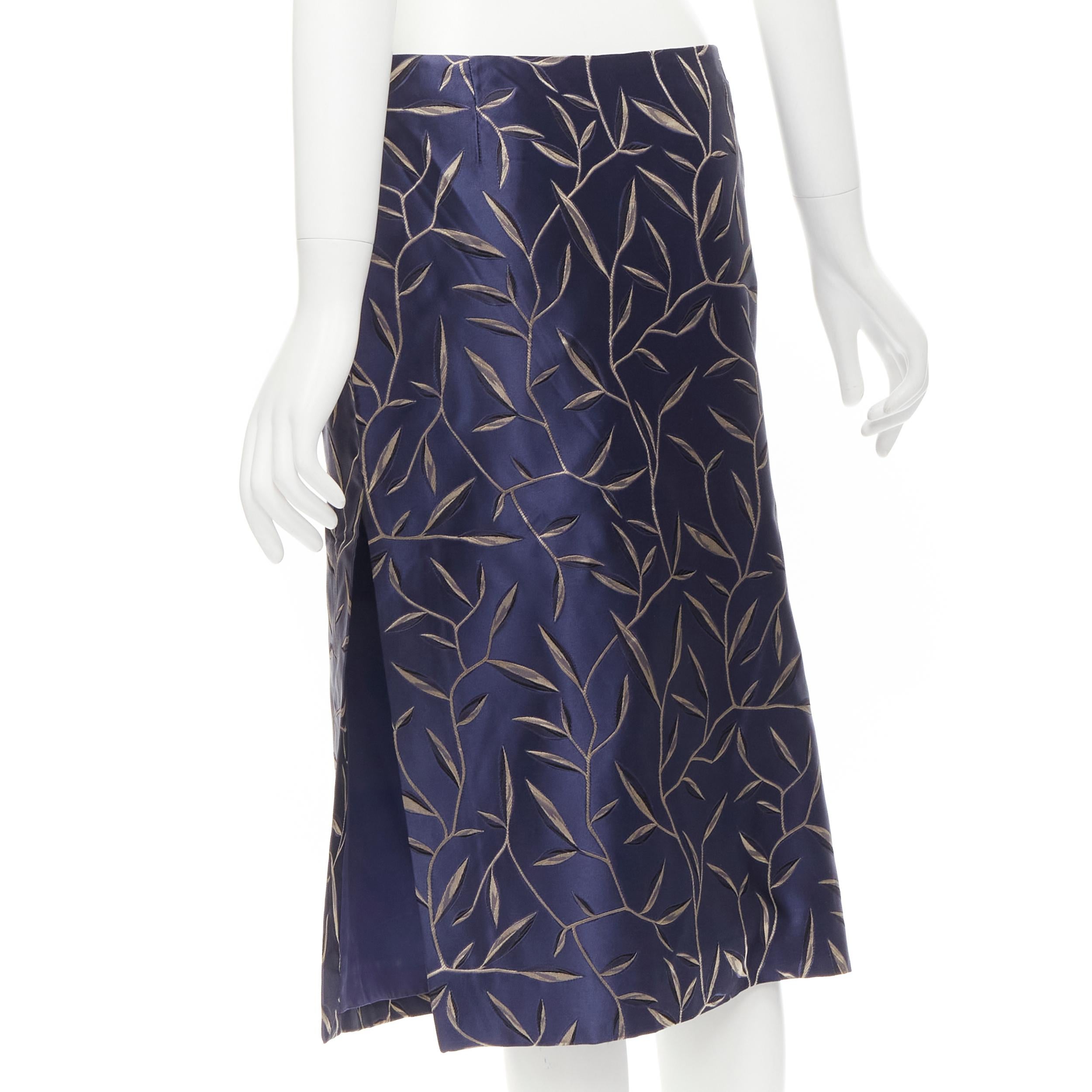 Women's PRADA 1997 Vintage silk blue Chinoiserie leaf jacquard high slit skirt IT40 S