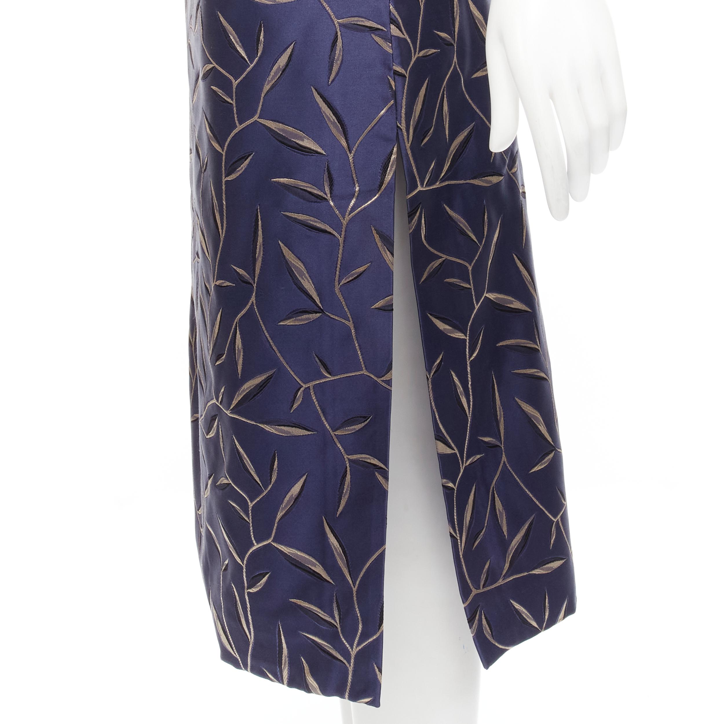 PRADA 1997 Vintage silk blue Chinoiserie leaf jacquard high slit skirt IT40 S 1
