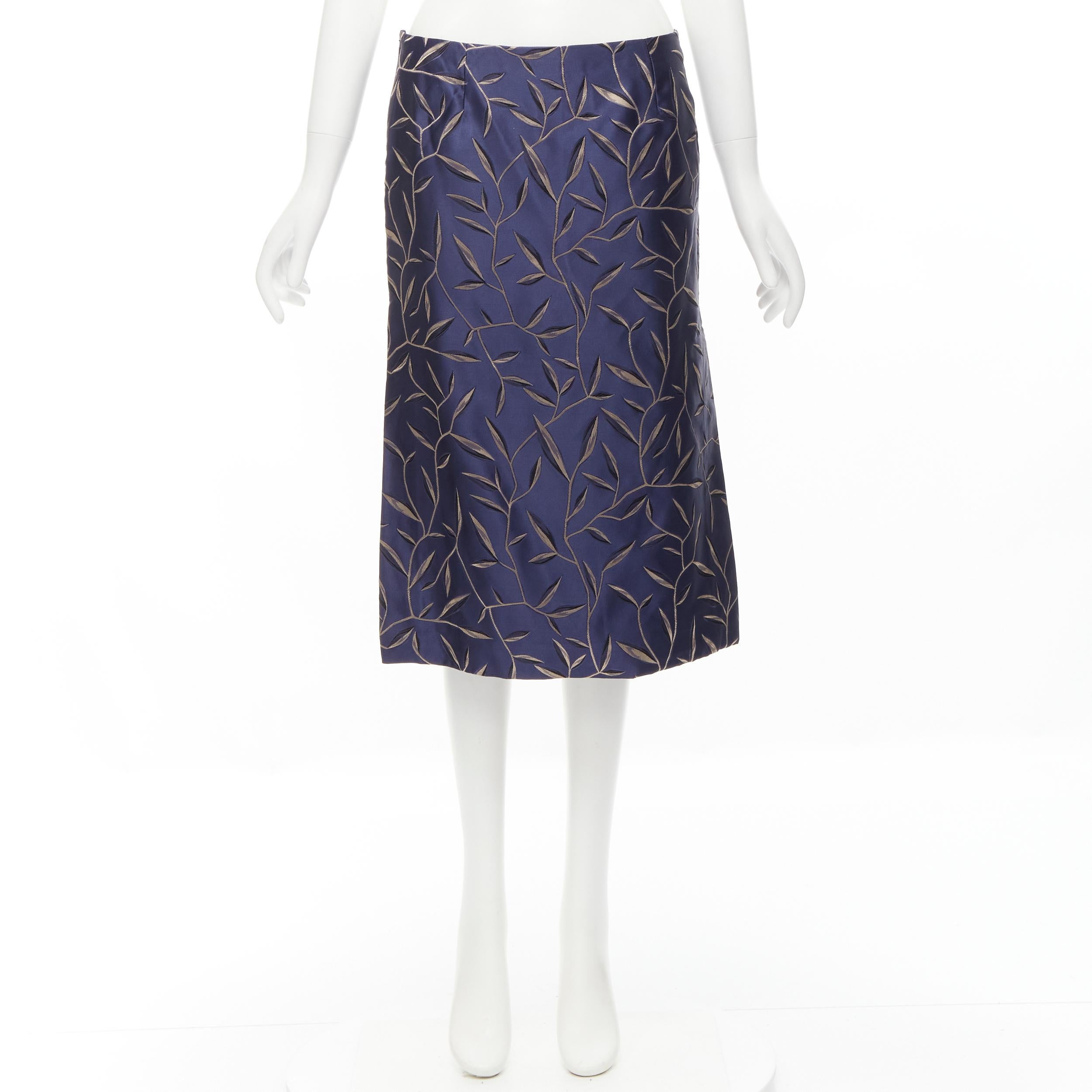 PRADA 1997 Vintage silk blue Chinoiserie leaf jacquard high slit skirt IT40 S 3
