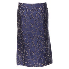 PRADA 1997 Vintage silk blue Chinoiserie leaf jacquard high slit skirt IT40 S