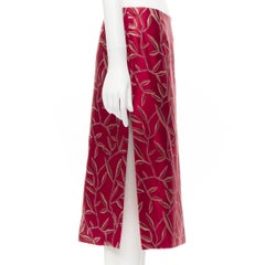 PRADA 1997 Vintage soie rouge Chinoiserie feuille jacquard jupe fendue IT40 S