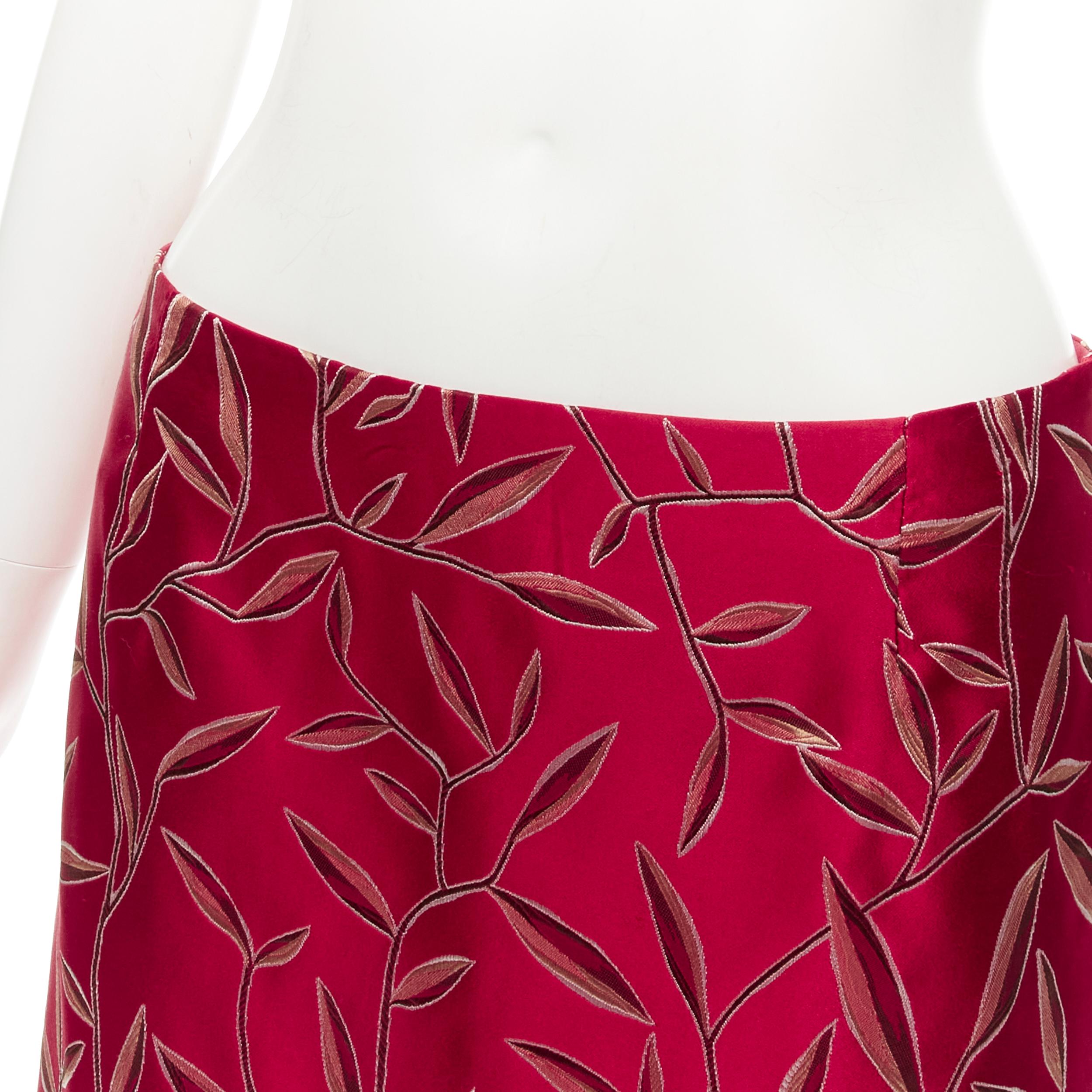 Red PRADA 1997 Vintage silk red Chinoiserie leaf jacquard high slit skirt IT40 S