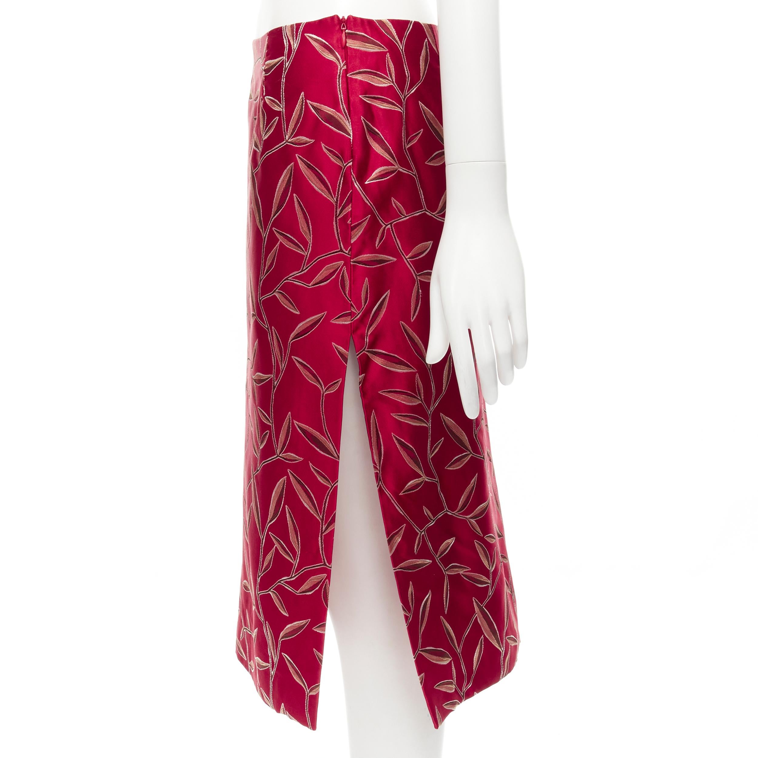 Women's PRADA 1997 Vintage silk red Chinoiserie leaf jacquard high slit skirt IT40 S