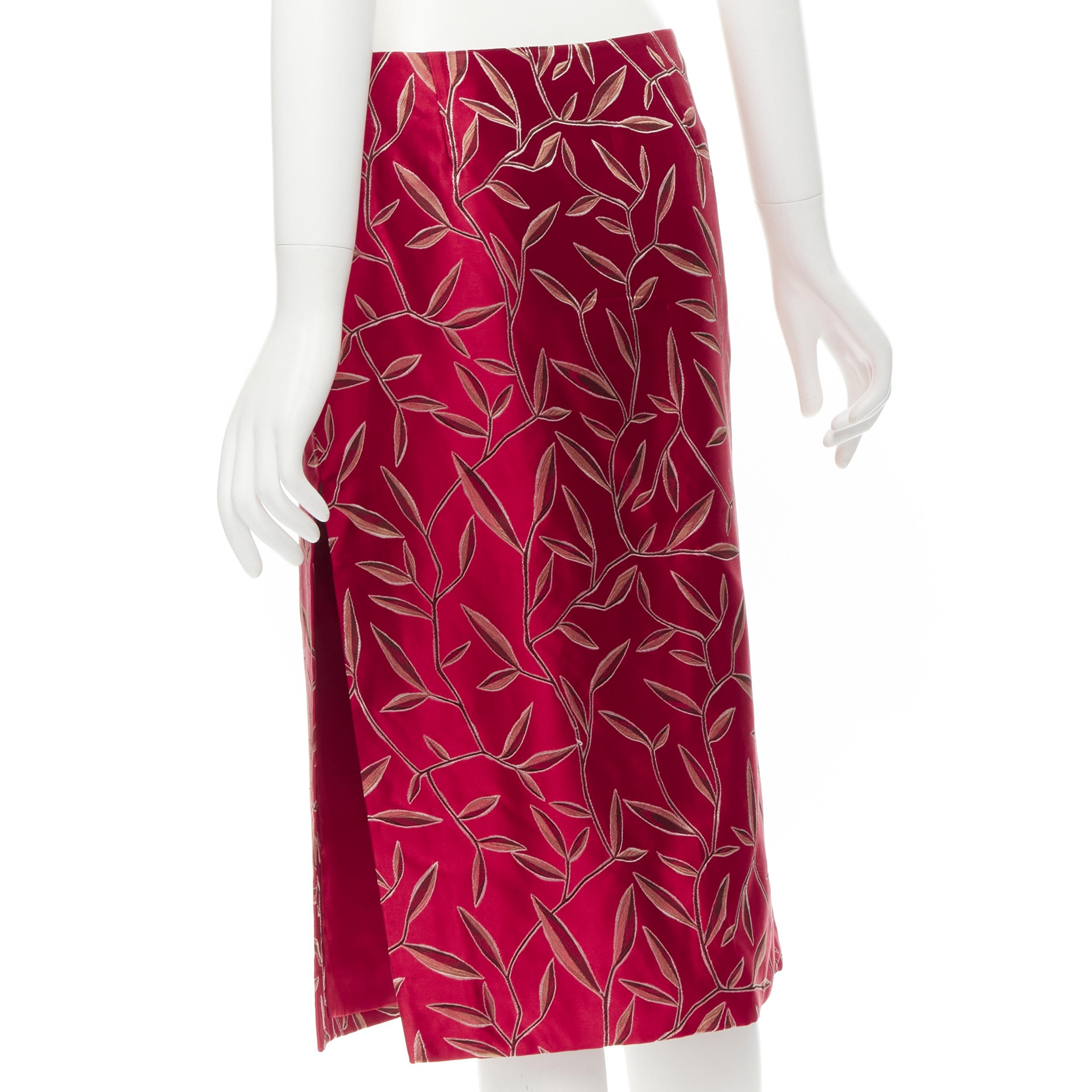 PRADA 1997 Vintage silk red Chinoiserie leaf jacquard high slit skirt IT40 S 2