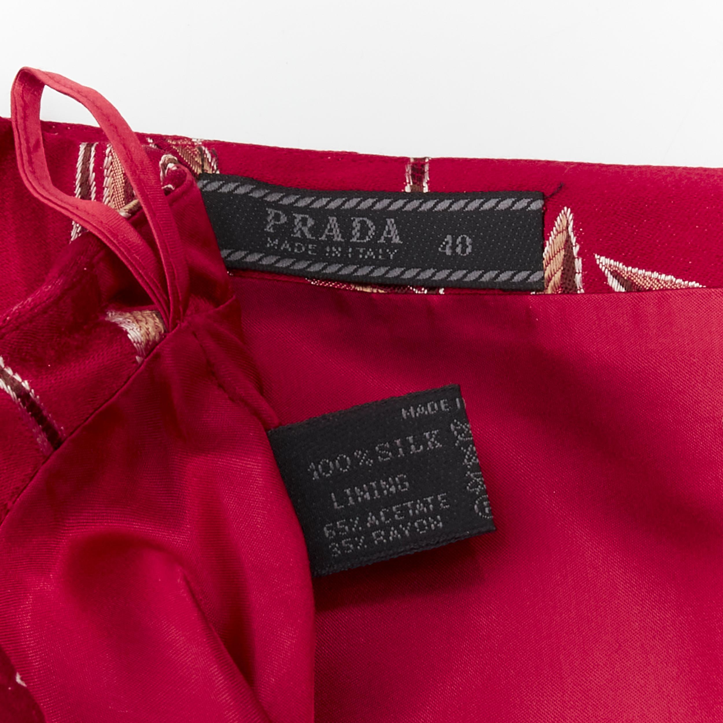 PRADA 1997 Vintage silk red Chinoiserie leaf jacquard high slit skirt IT40 S 3