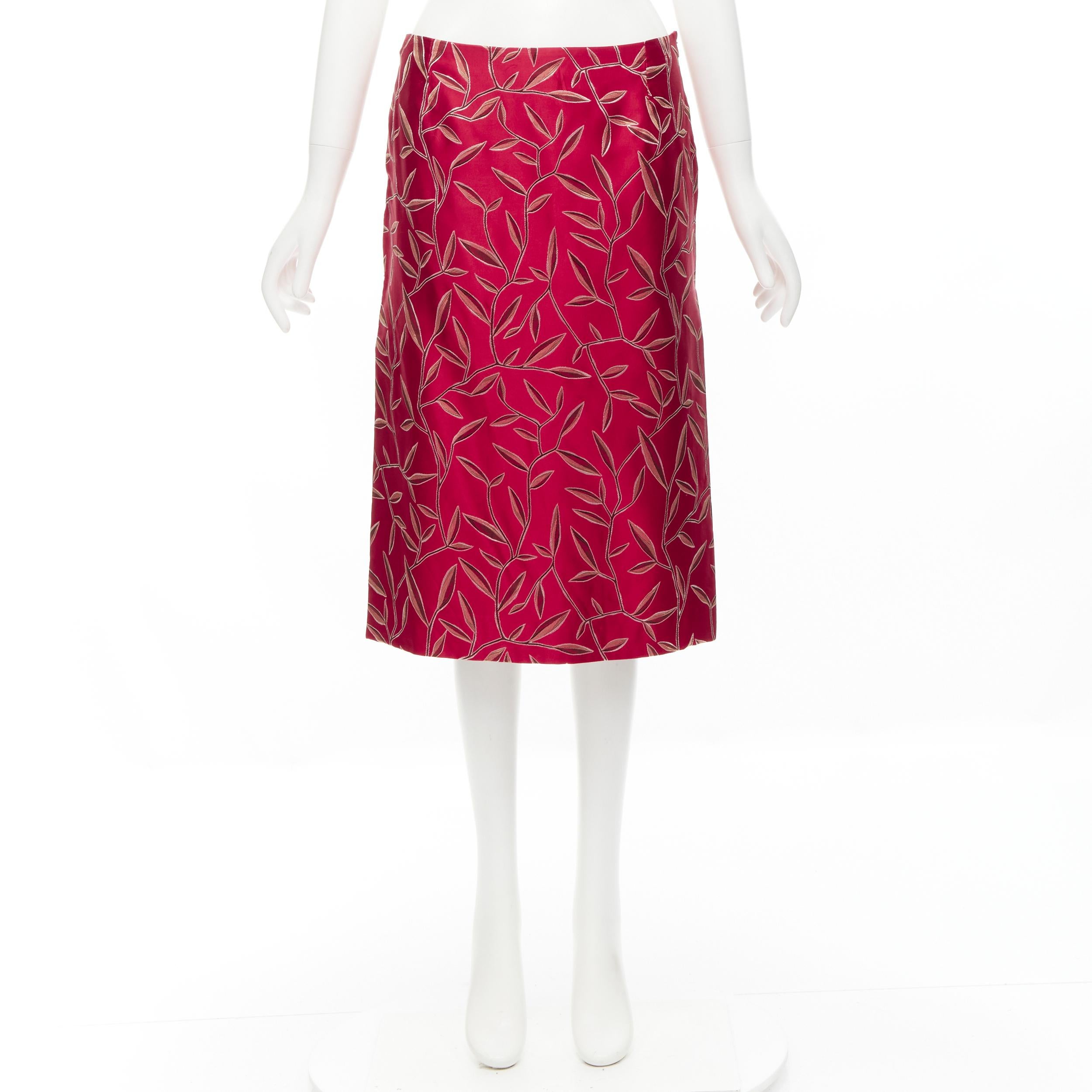 PRADA 1997 Vintage silk red Chinoiserie leaf jacquard high slit skirt IT40 S 4