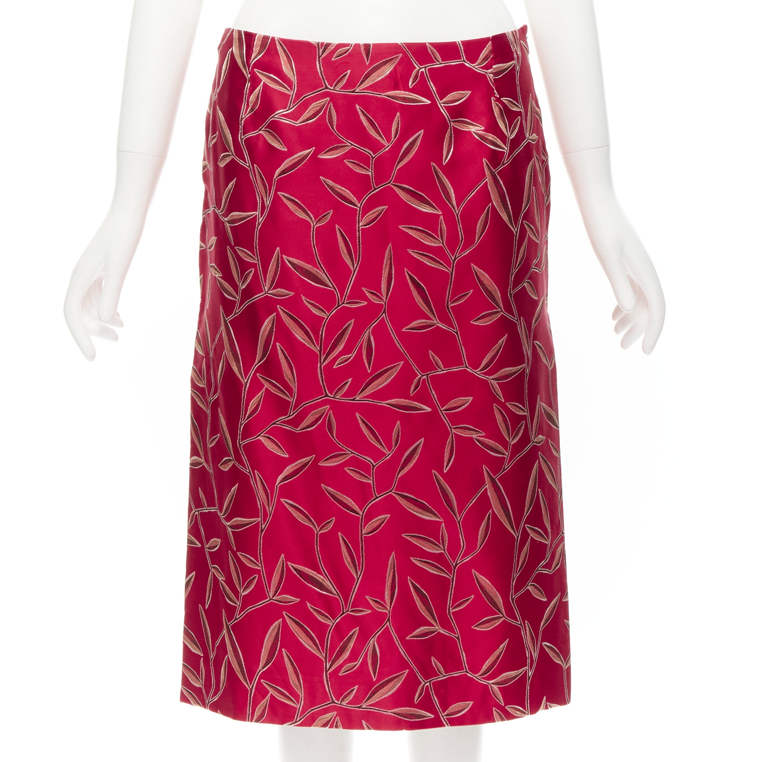 PRADA 1997 Vintage silk red Chinoiserie leaf jacquard high slit skirt IT40 S
