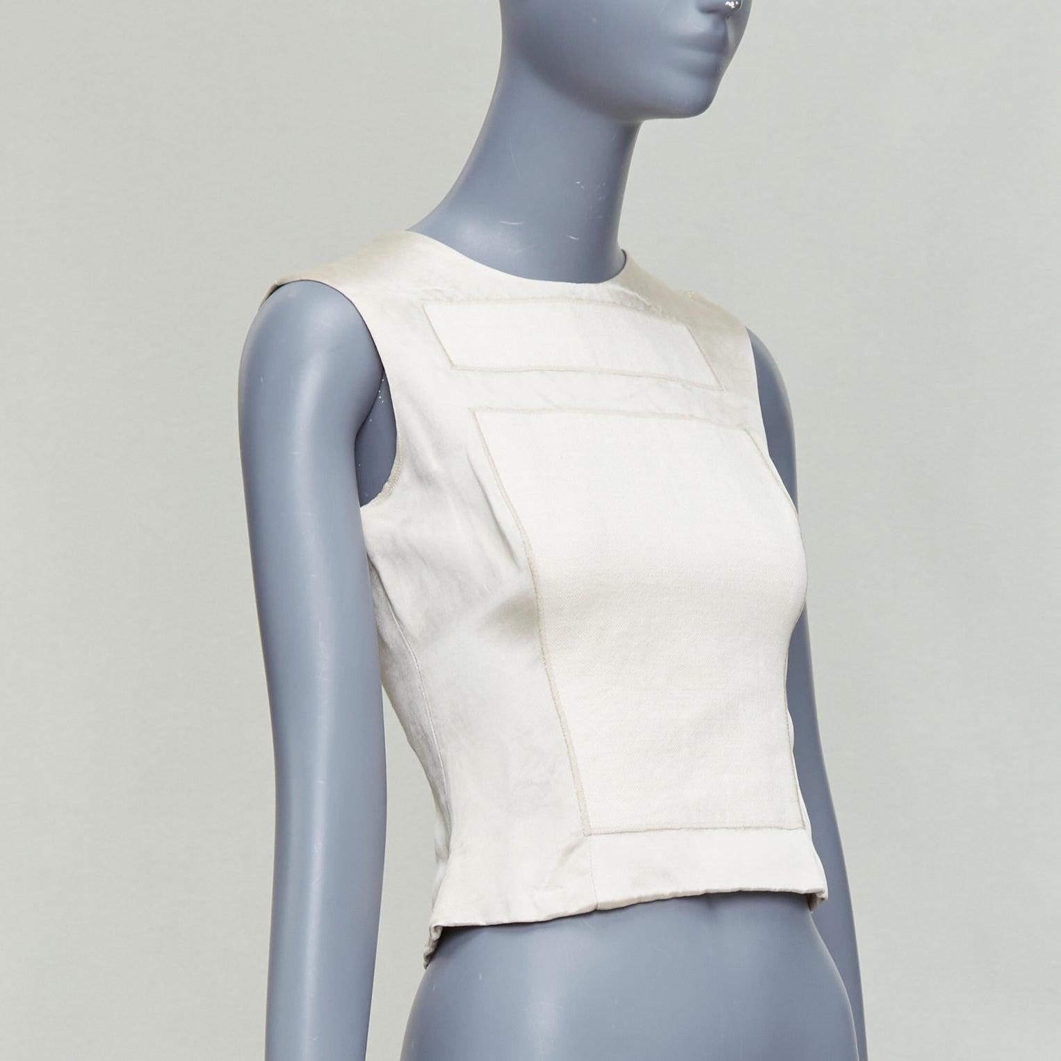 Gray PRADA 1998 Runway cream linen silk armour patchwork crop top IT38 XS