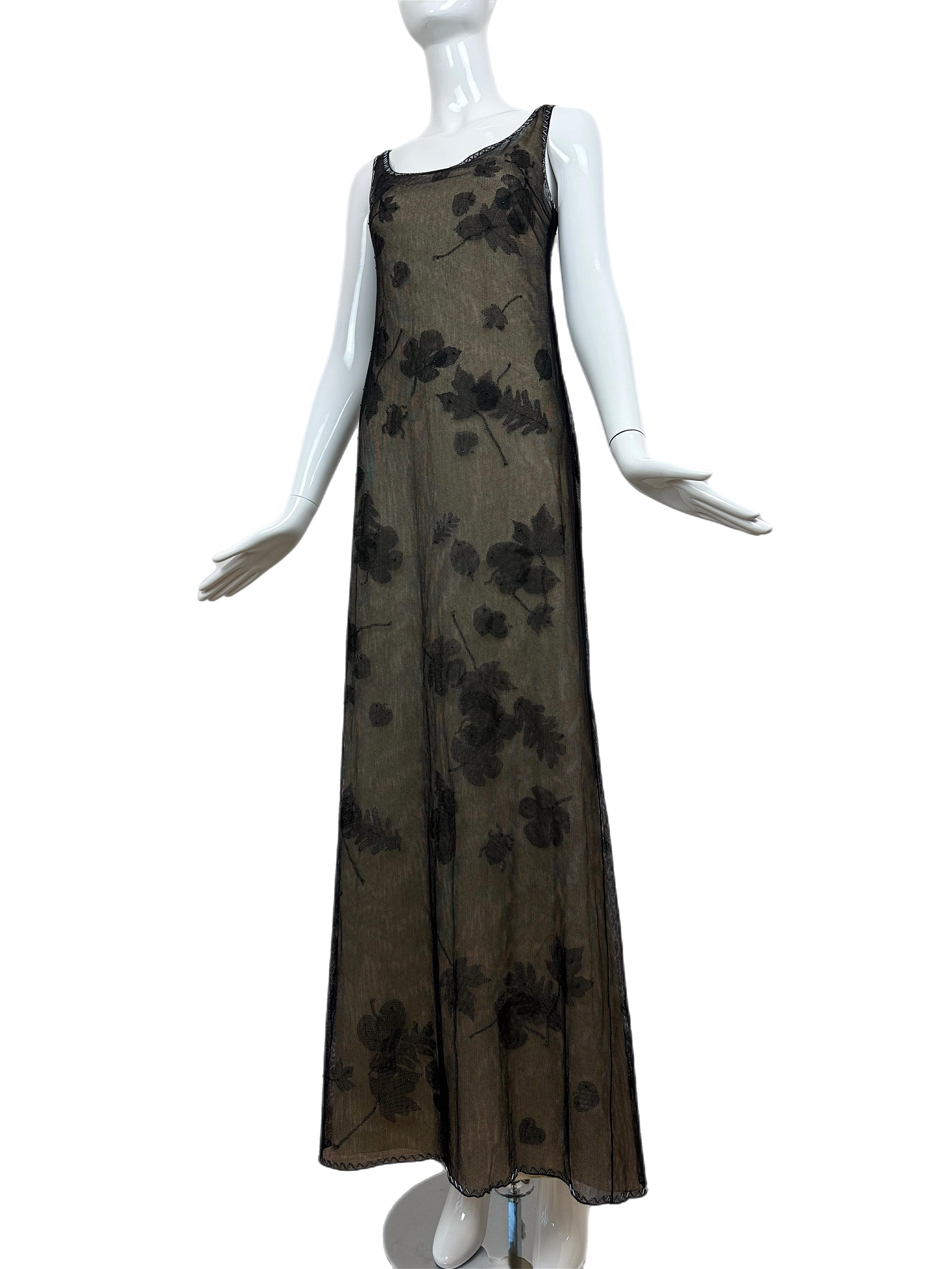 Black PRADA 1999 Vintage Delicate Mesh Leaf Embellished Print Gown