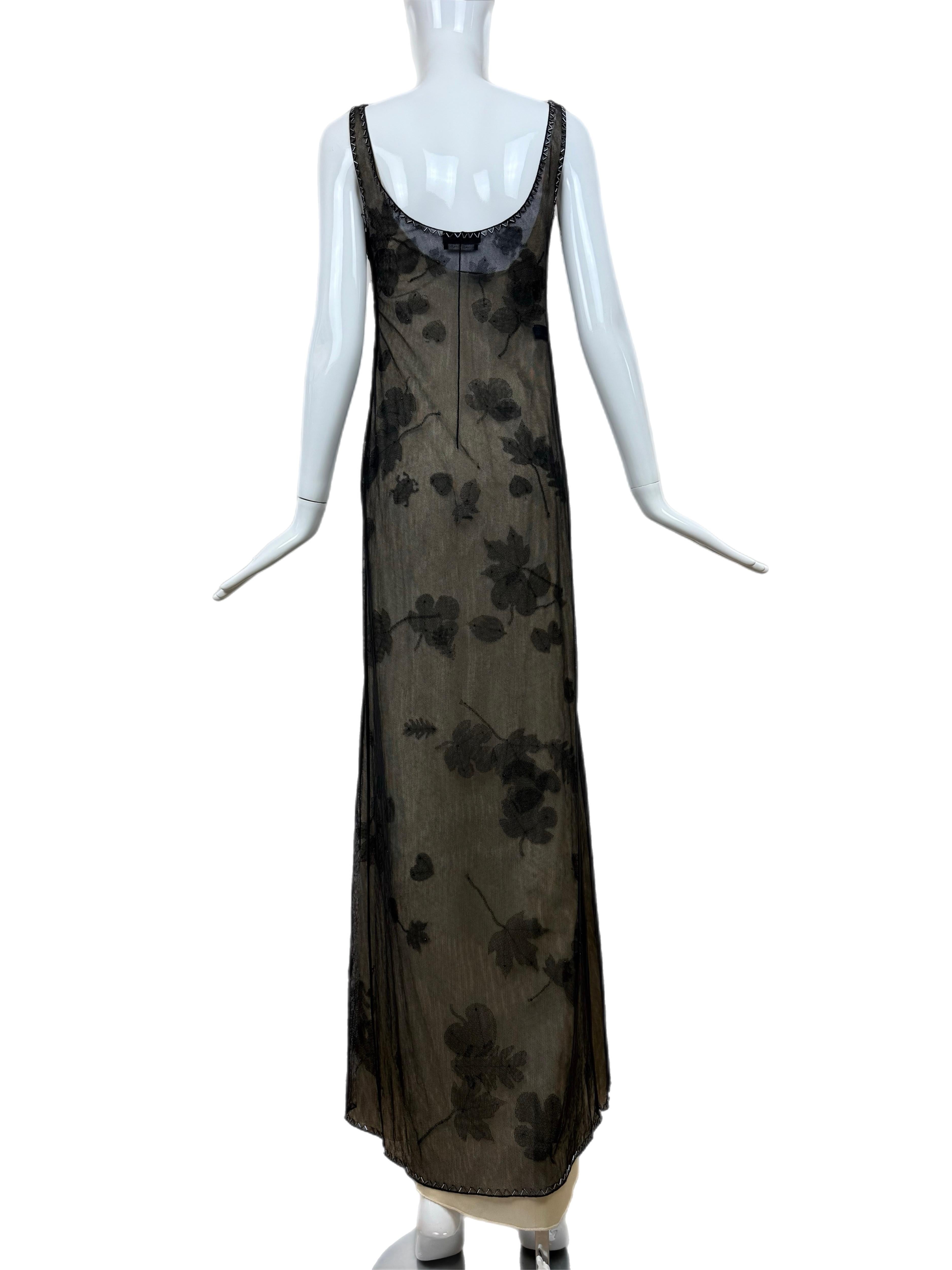 PRADA 1999 Vintage Delicate Mesh Leaf Embellished Print Gown In Excellent Condition In Leonardo, NJ