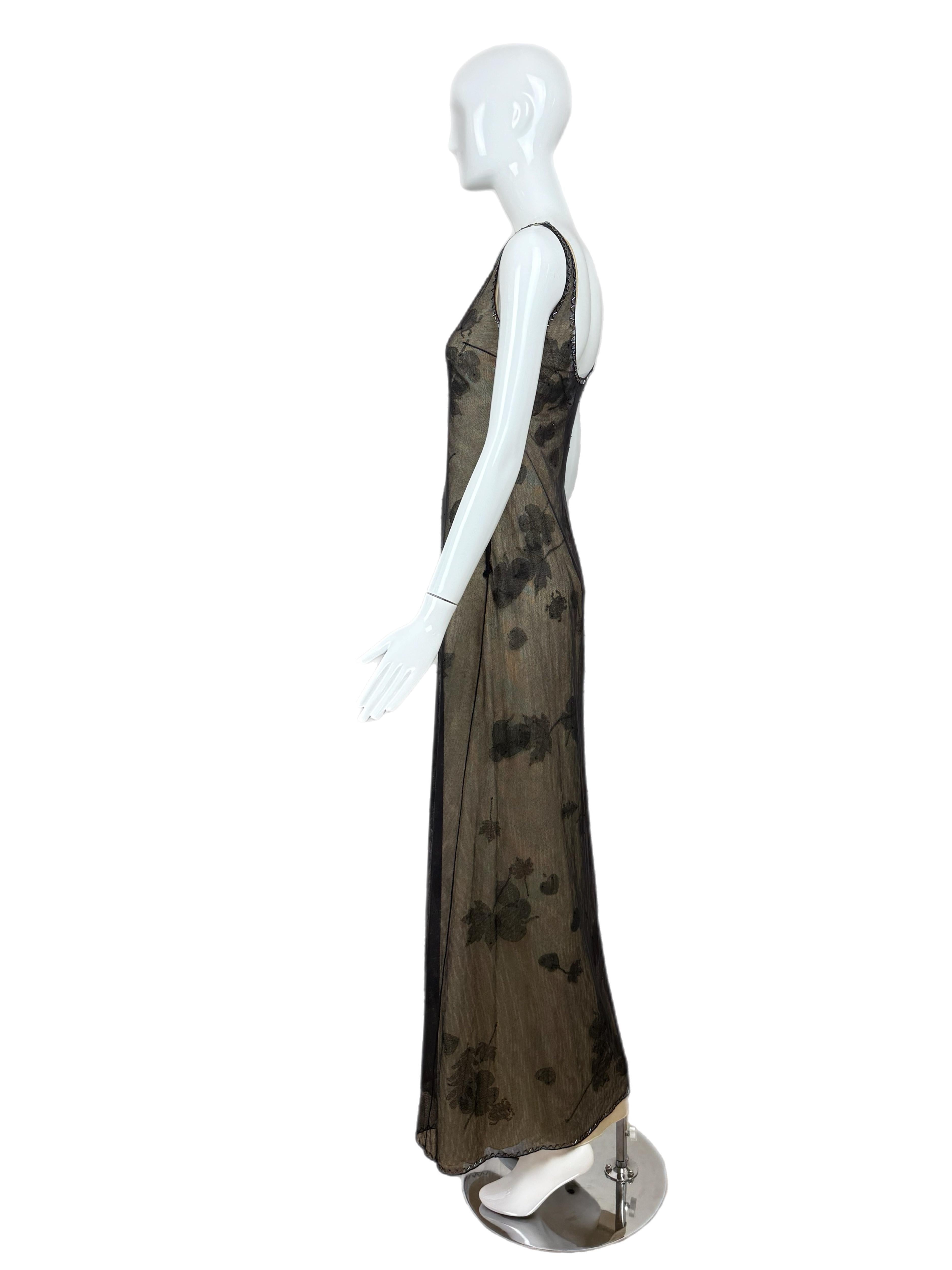PRADA 1999 Vintage Delicate Mesh Leaf Embellished Print Gown 1