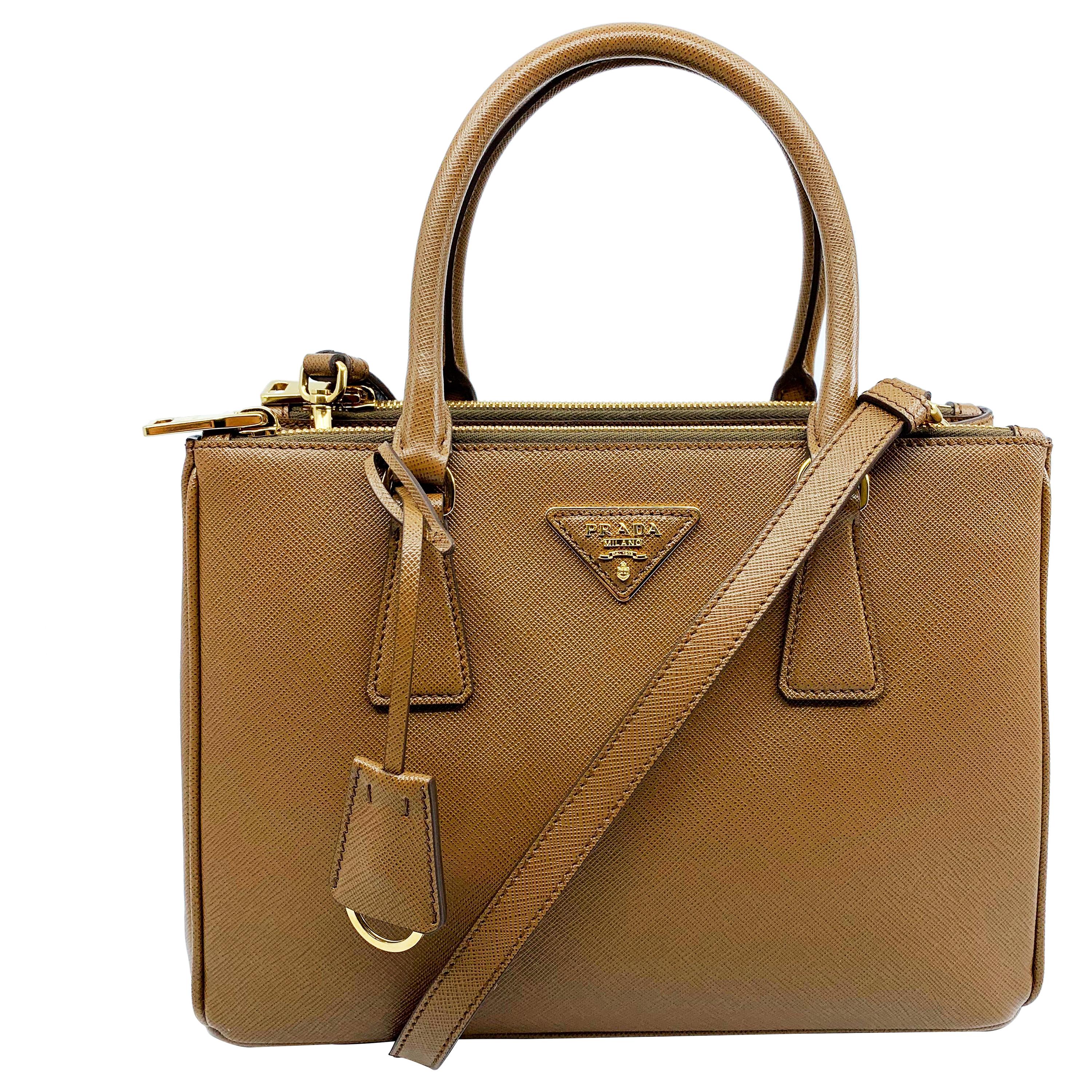 Prada 1BA863 F0401 Saffiano Lux Womens Double Zip Tote Bag Cannella Brown Bag