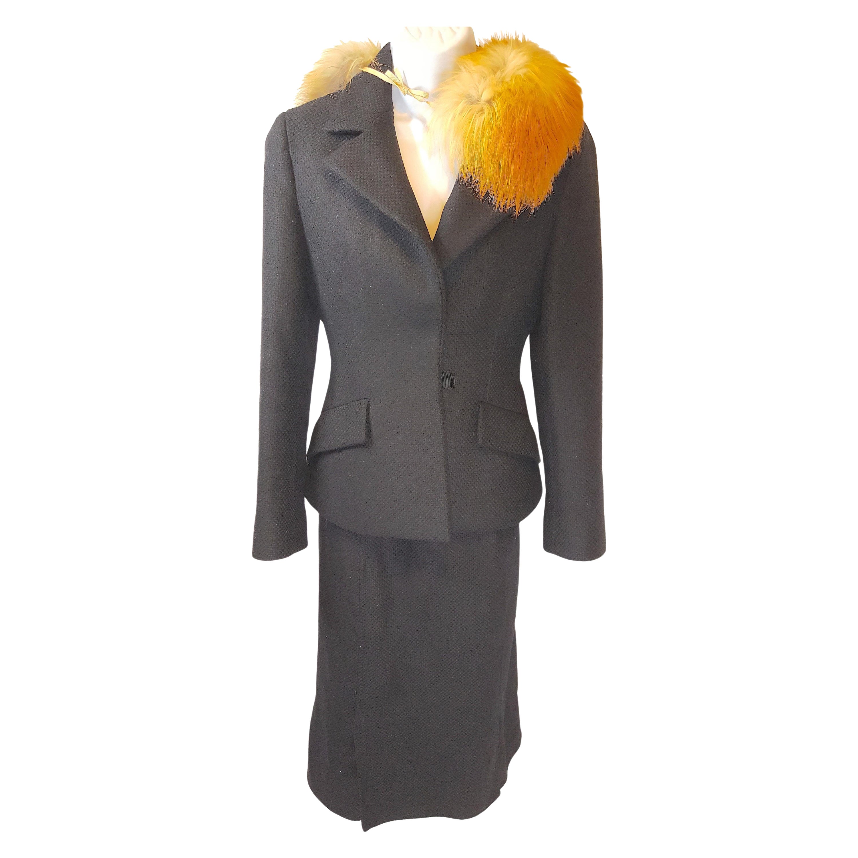 Prada 2000 RunwayLook1 FoxFurSilkCollar BlackCheckedWoolSkirtSuit 3PieceEnsemble For Sale