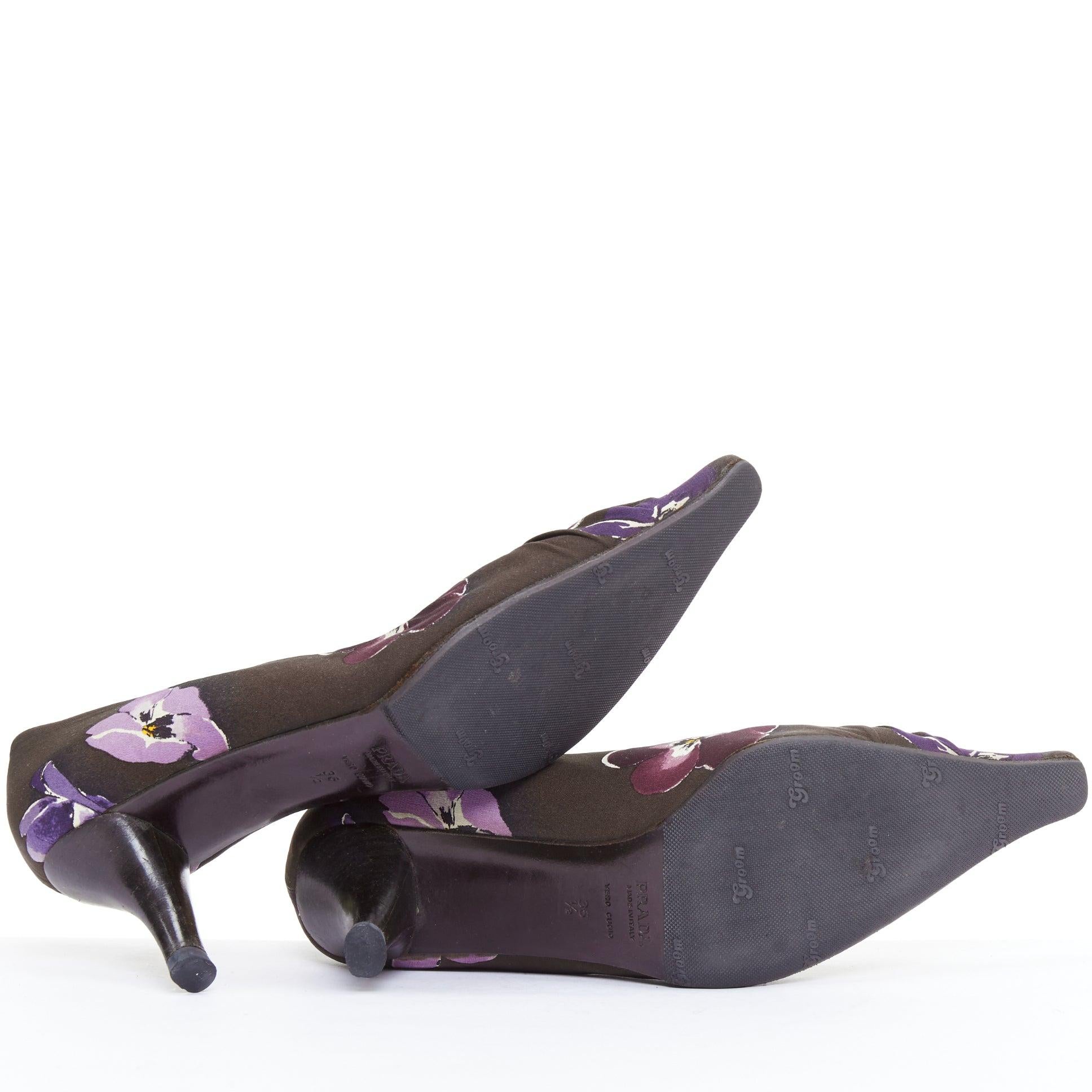 PRADA 2000 Vintage brown purple floral print fabric kitten pumps EU36.5 For Sale 5