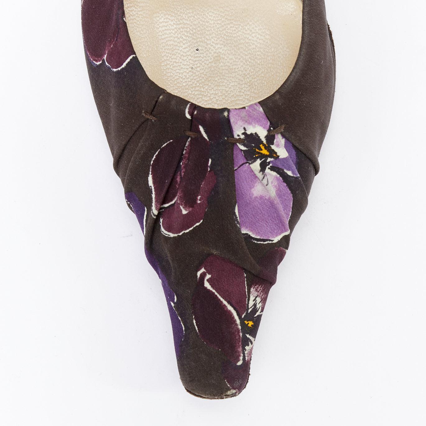 PRADA 2000 Vintage brown purple floral print fabric kitten pumps EU36.5 For Sale 1