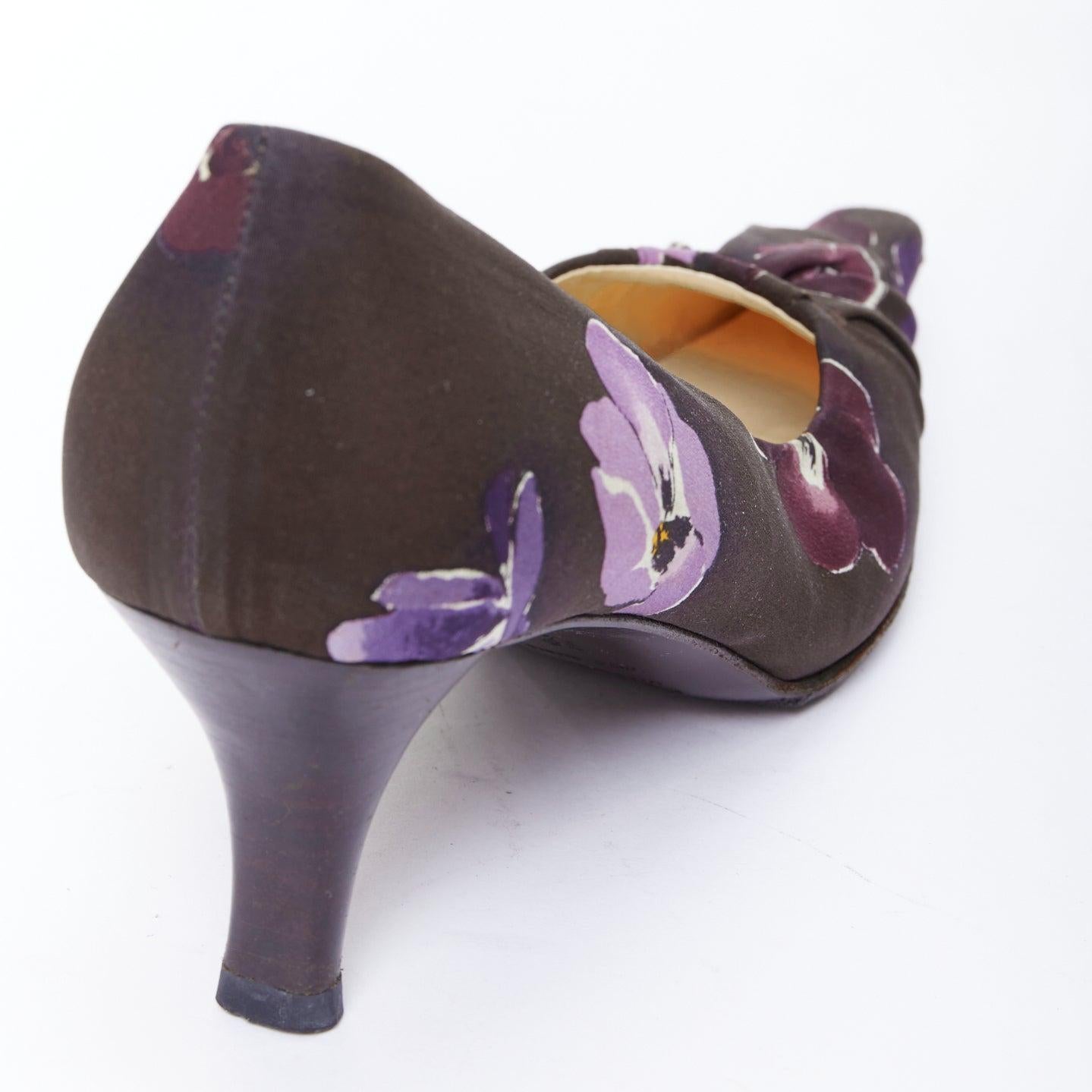 PRADA 2000 Vintage brown purple floral print fabric kitten pumps EU36.5 For Sale 3