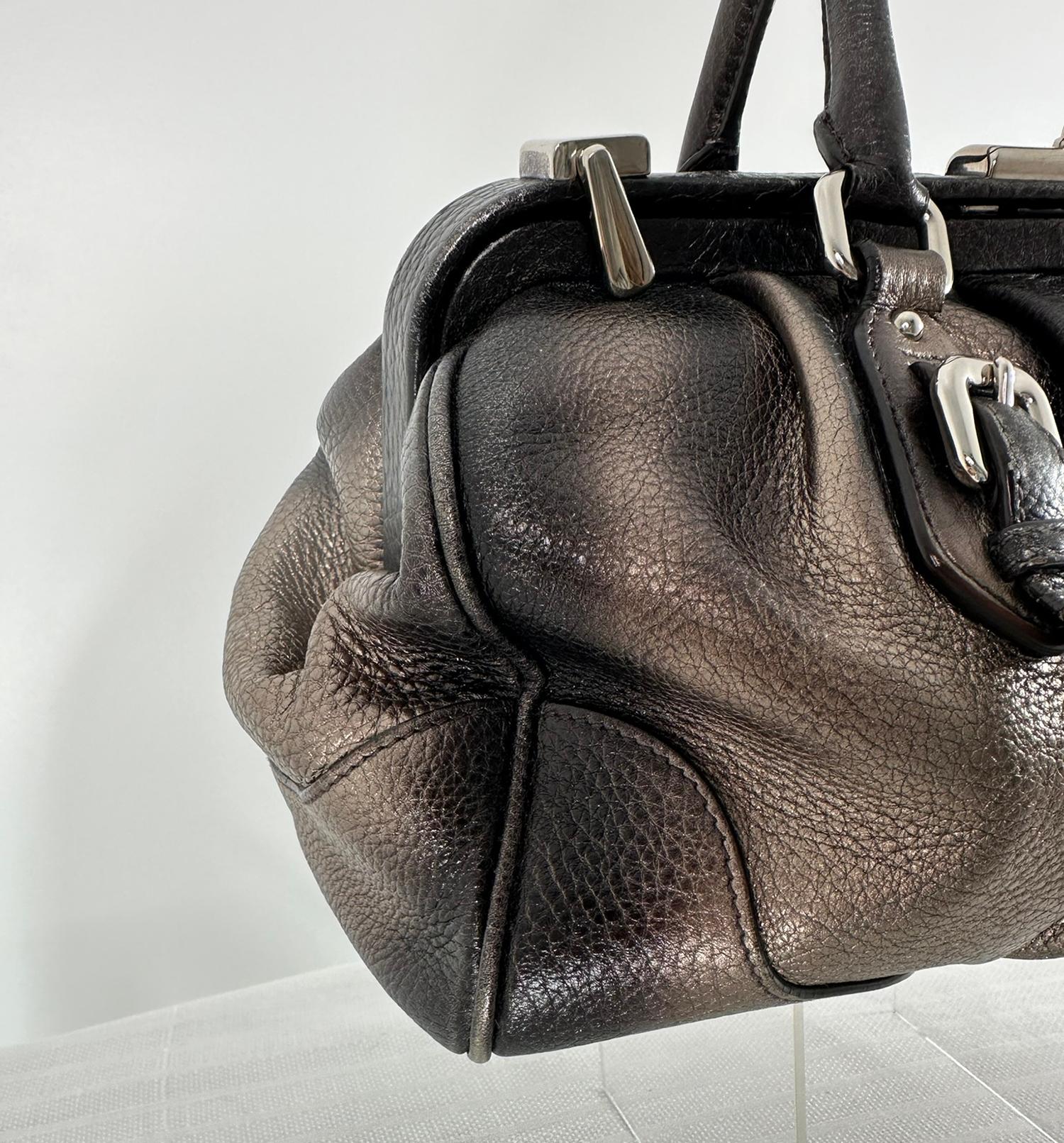 Prada 2000 VITELLO DAINO ANTIK FRAME Doctors BAG Argento Marrone Pelle Metallizzata in vendita 8