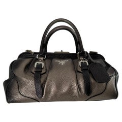 PRADA 2000 VITELLO DAINO ANTIK FRAME Doctors BAG Silver Brown Metallic Leather