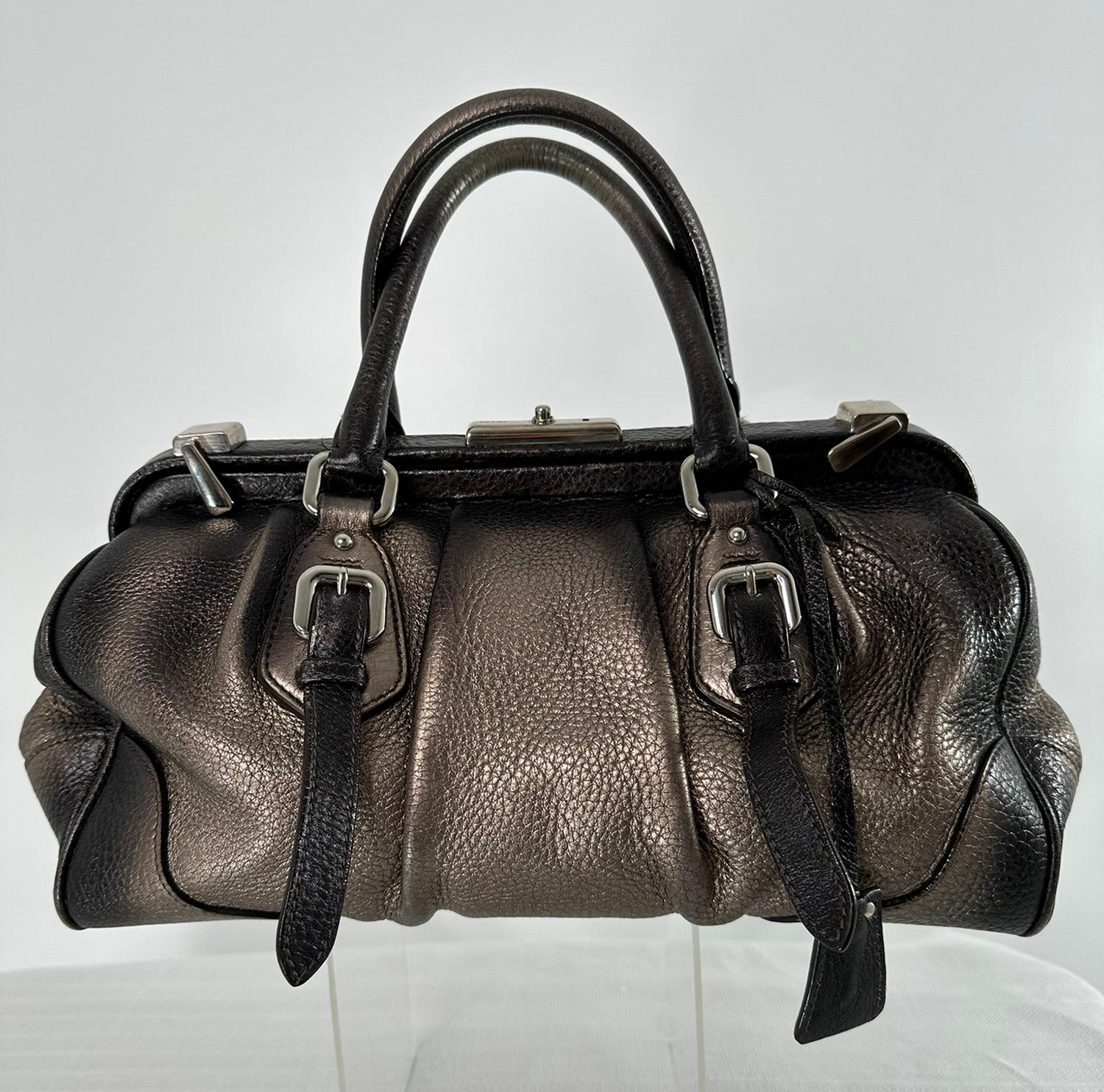 Prada 2000 VITELLO DAINO ANTIK FRAME Doctors BAG Argento Marrone Pelle Metallizzata in vendita 1