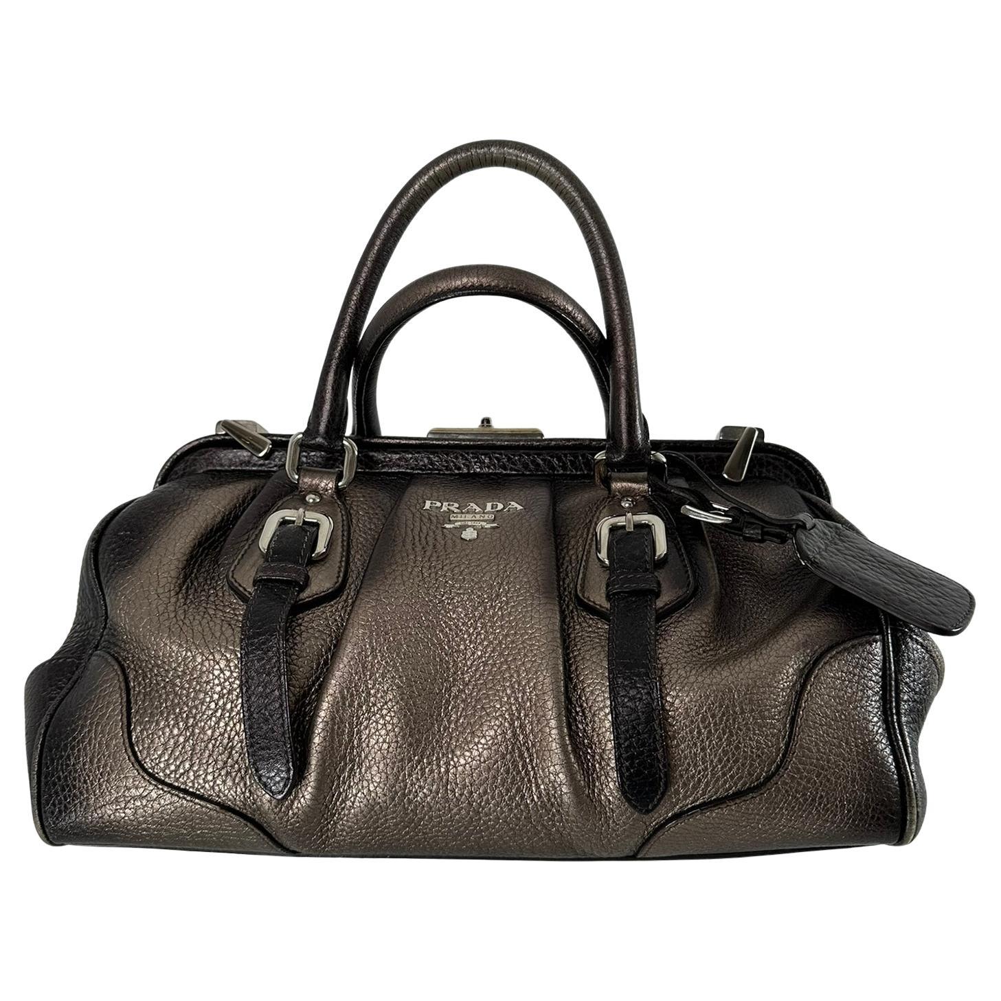 Prada 2000 VITELLO DAINO ANTIK FRAME Doctors BAG Argento Marrone Pelle Metallizzata in vendita