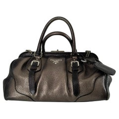PRADA 2000 VITELLO DAINO ANTIK FRAME Doctors BAG Silver Brown Metallic Leather