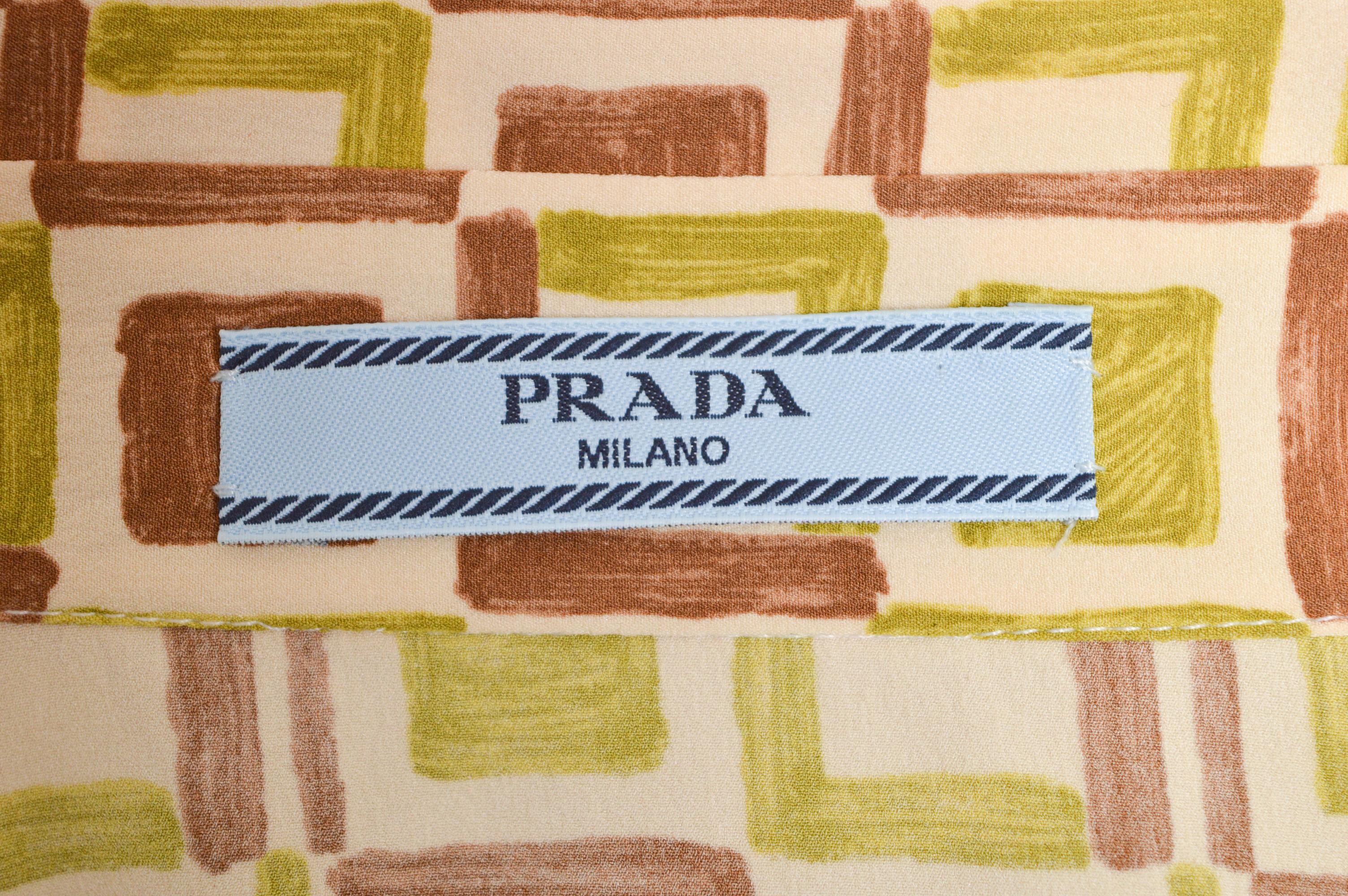 Prada 2002 Ugly Chic Lime Green Brown Geometric Pattern Long Sleeve Fitted Shirt en venta 7