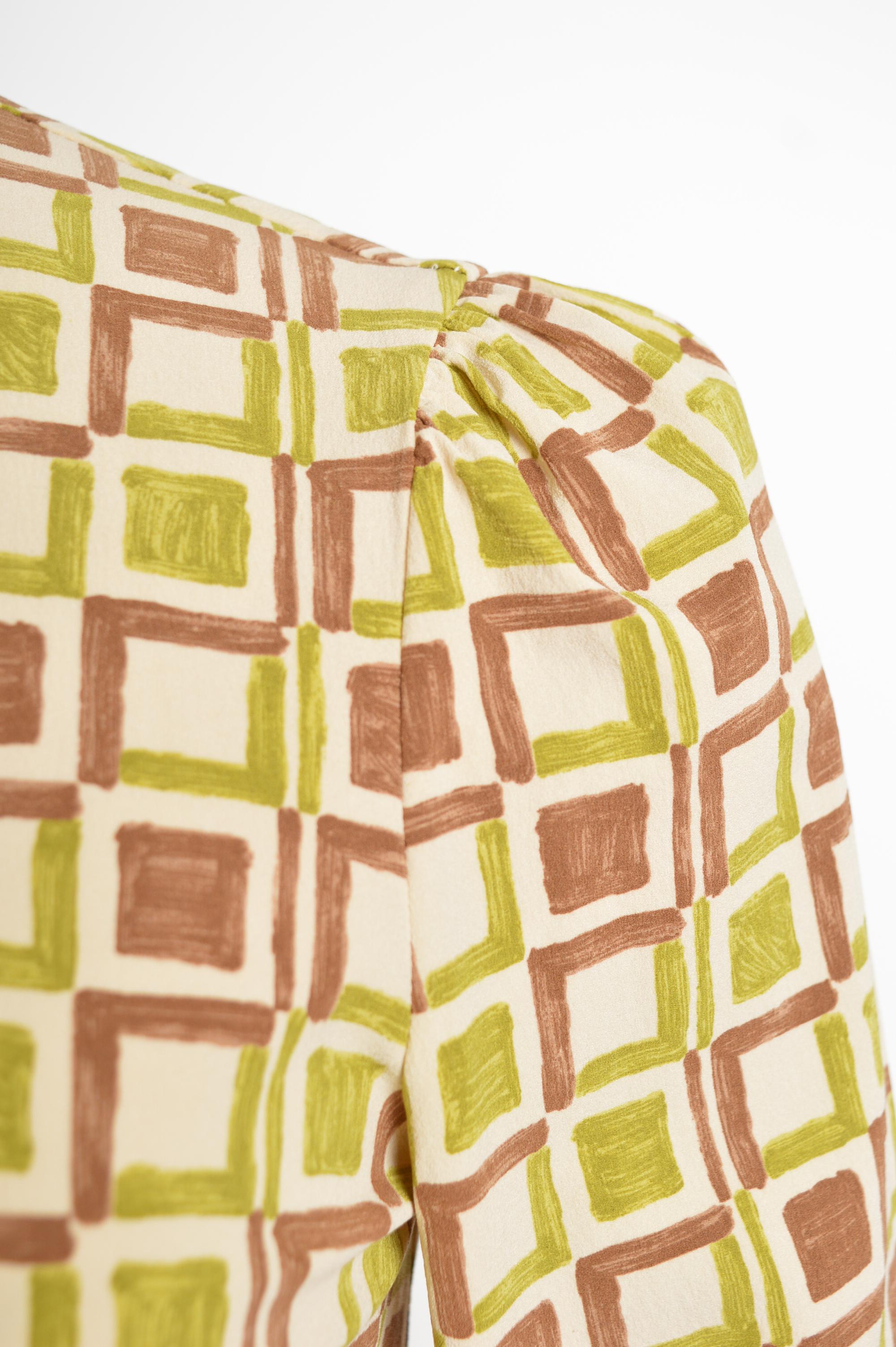 Prada 2002 Ugly Chic Lime Green Brown Geometric Pattern Long Sleeve Fitted Shirt en venta 1