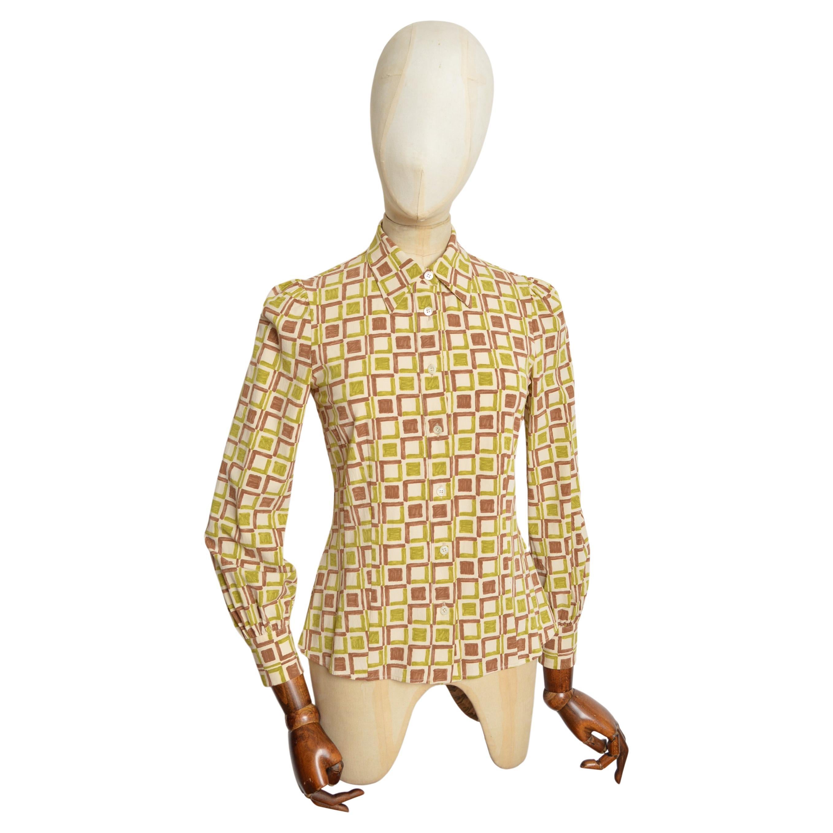 Prada 2002 Ugly Chic Lime Green Brown Geometric Pattern Long Sleeve Fitted Shirt
