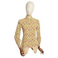 Prada 2002 Ugly Chic Lime Green Brown Geometric Pattern Long Sleeve Fitted Shirt