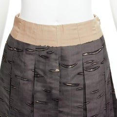 PRADA 2003 100% silk faille grey pattered contrast waistband pleated flared skir