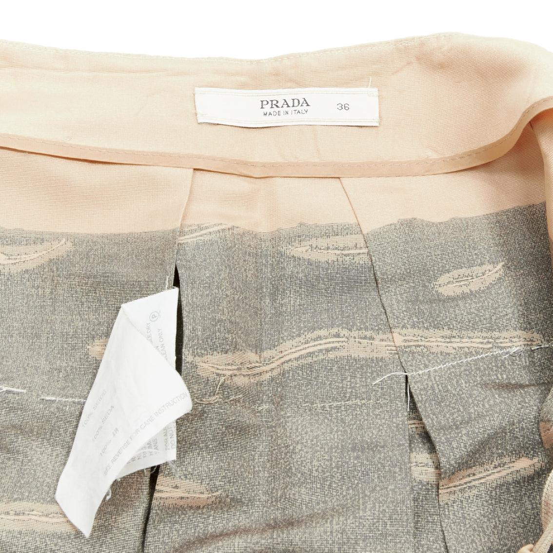 PRADA 2003 100% silk faille grey pattered contrast waistband pleated flared skir 3