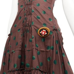 PRADA 2003 Runway green polka dot silk trimmed raffia brooch sun dress IT38 XS