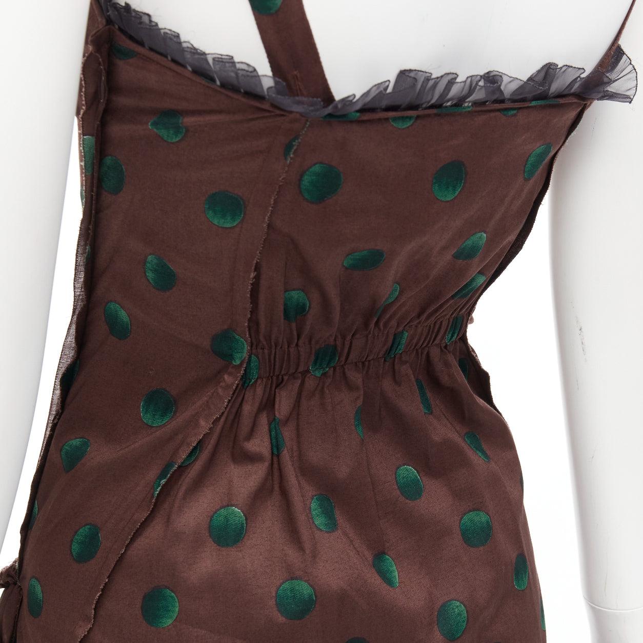 PRADA 2003 Runway green polka dot silk trimmed raffia brooch sun dress IT38 XS For Sale 3