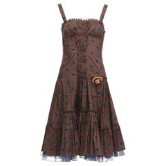 PRADA 2003 Runway green polka dot silk trimmed raffia brooch sun dress IT38 XS