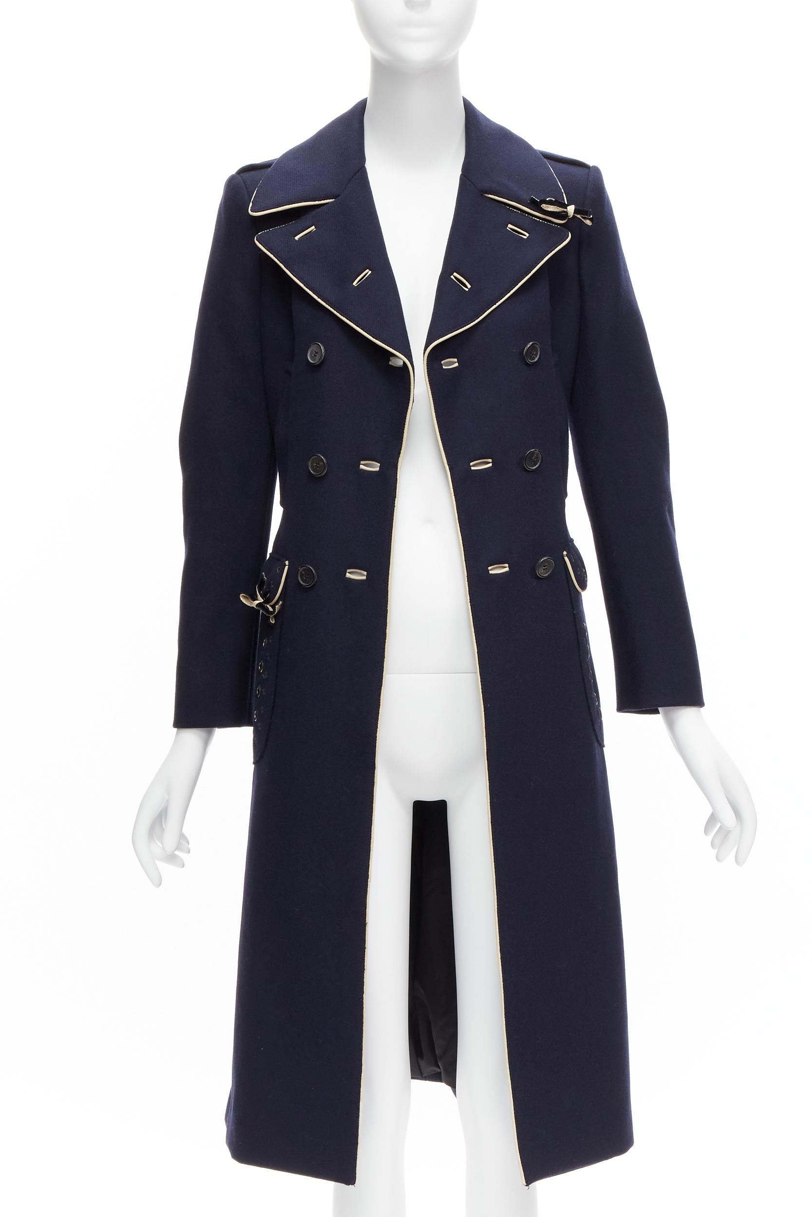 PRADA 2004 Look 46 navy wool grommet leather trim longline officer coat IT36 X In Good Condition For Sale In Hong Kong, NT