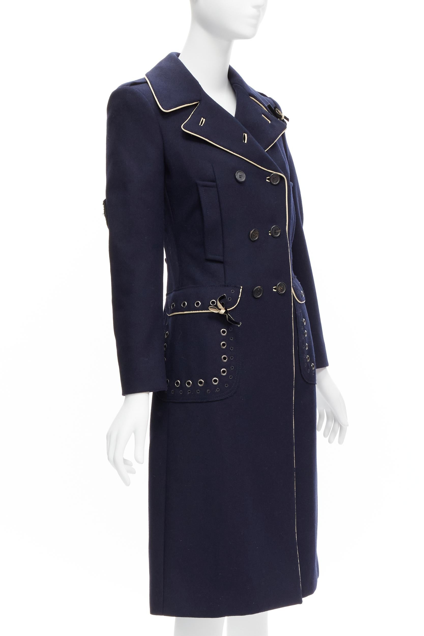 Women's PRADA 2004 Look 46 navy wool grommet leather trim longline officer coat IT36 X For Sale