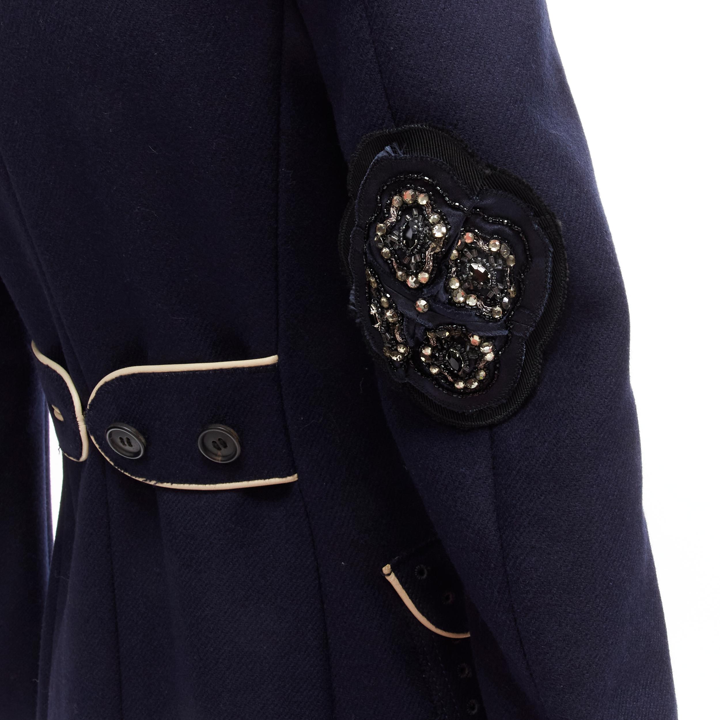 PRADA 2004 Look 46 navy wool grommet leather trim longline officer coat IT36 X For Sale 5