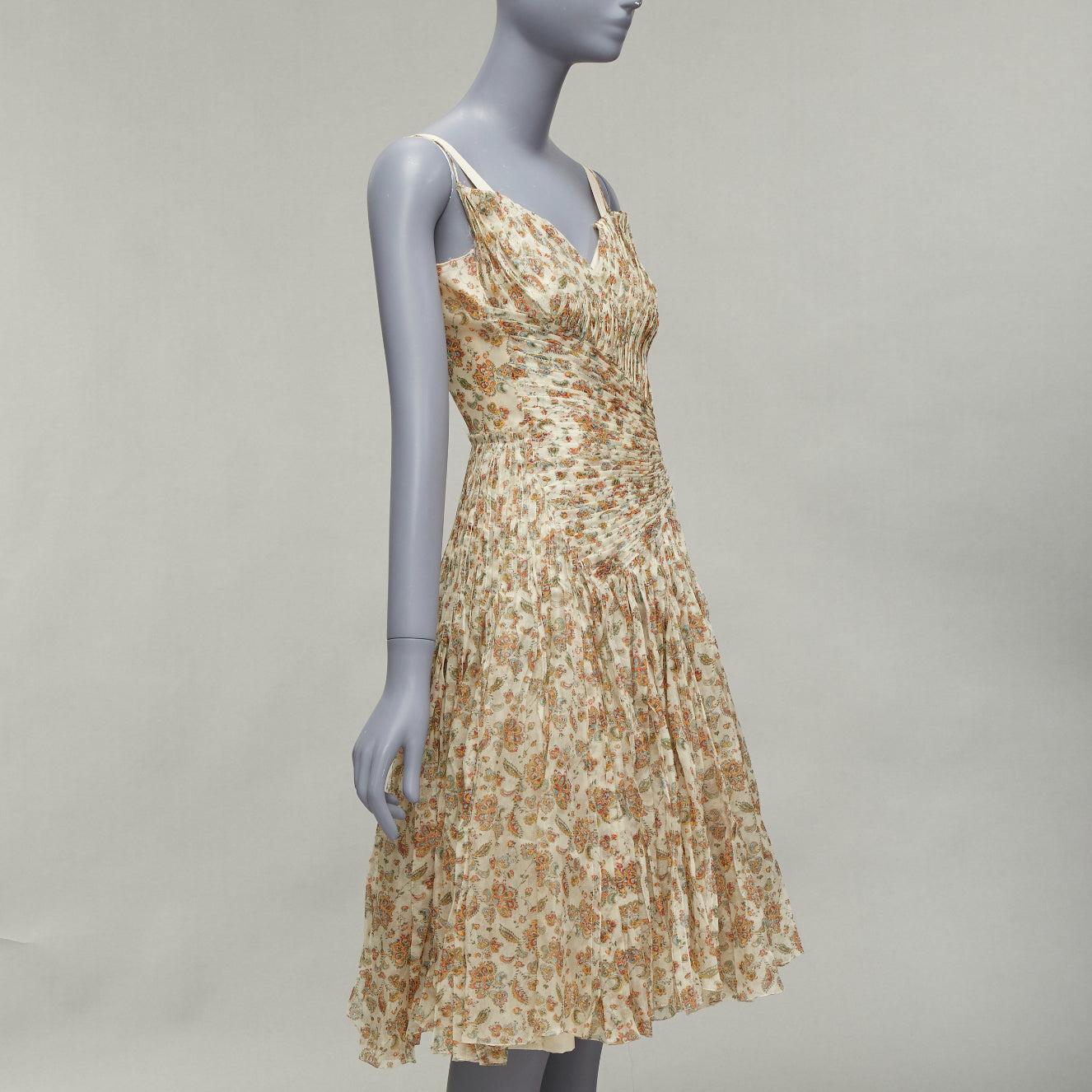 PRADA 2004 Runway cream paisley print wrap ruched boned corset dress S In Excellent Condition For Sale In Hong Kong, NT