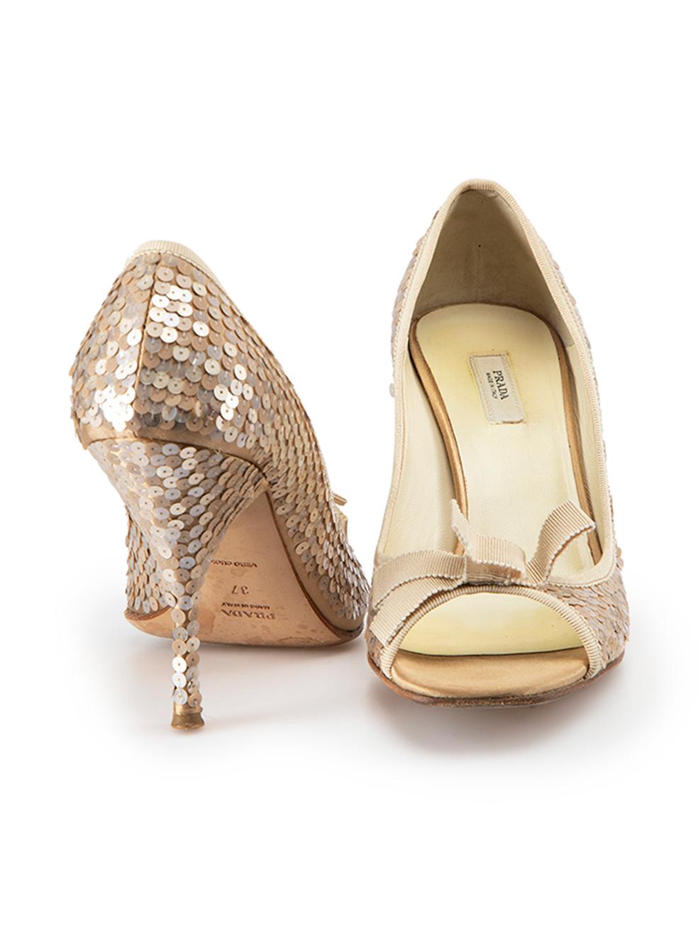 Prada 2005 Beige Pimpernel Sequin Peep Toe Heels Size IT 37 In Excellent Condition For Sale In London, GB